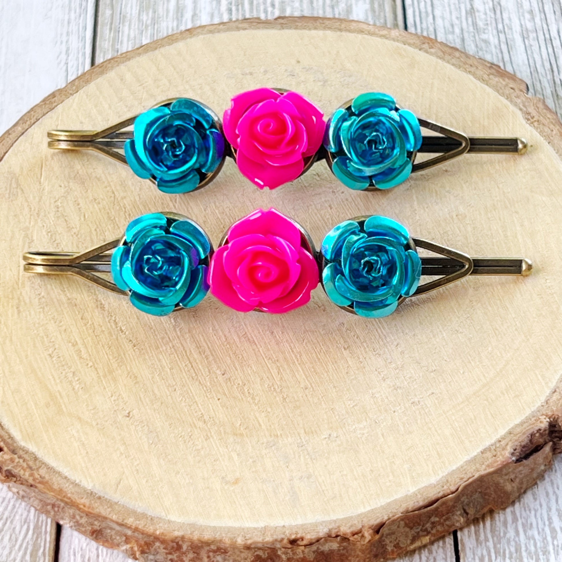 Blue & Pink Rose Floral Hair Pins - Delicate & Romantic Hair Accessories