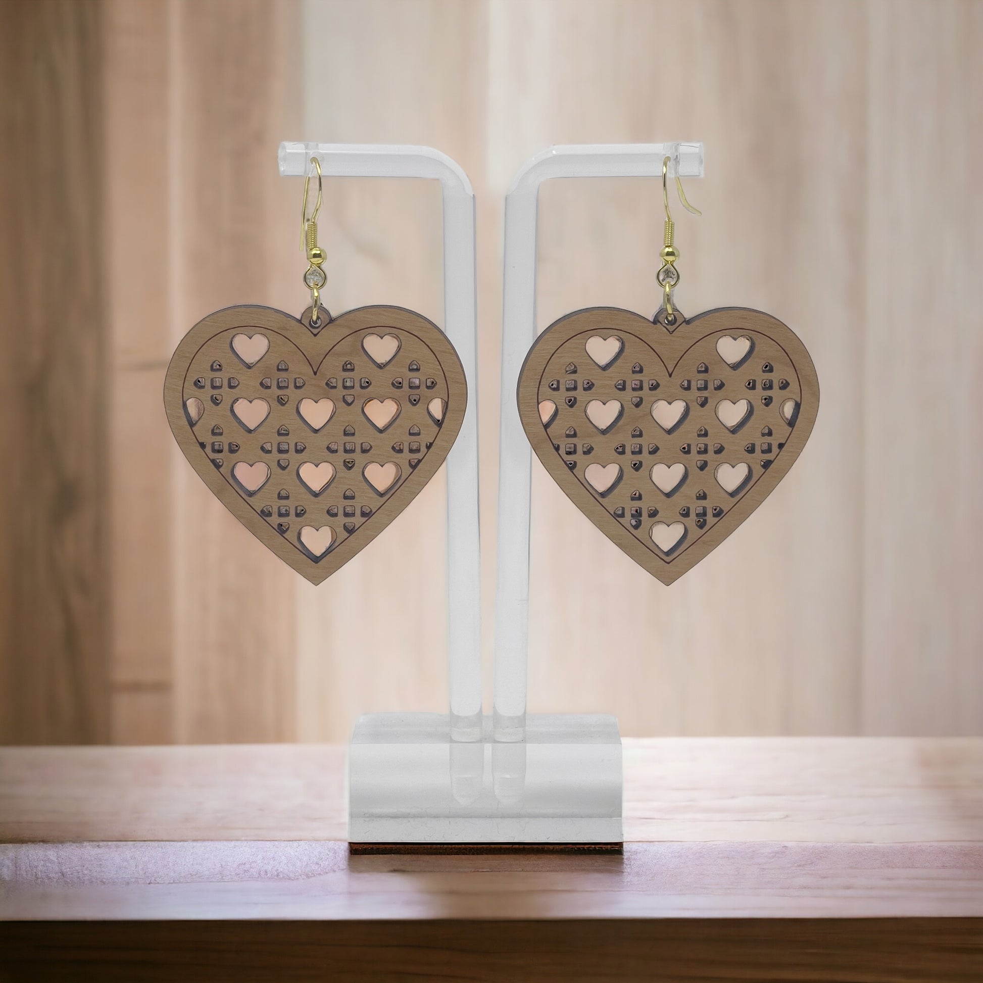 Wood Heart Earrings, Rustic Valentines Dangle Earrings, Cute Holiday Earrings, Wooden Lattice Cutout Earrings, Country Western Boho Jewelry