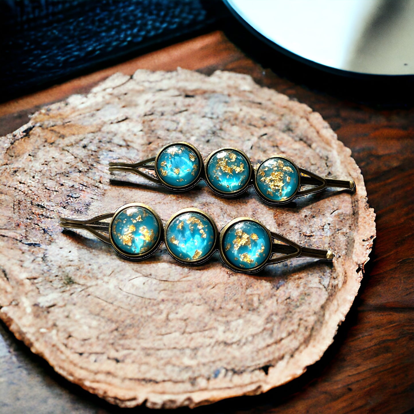 Turquoise Blue Gold Flake Glitter Hair Pins: Sparkling Accessories for Glamorous Styles