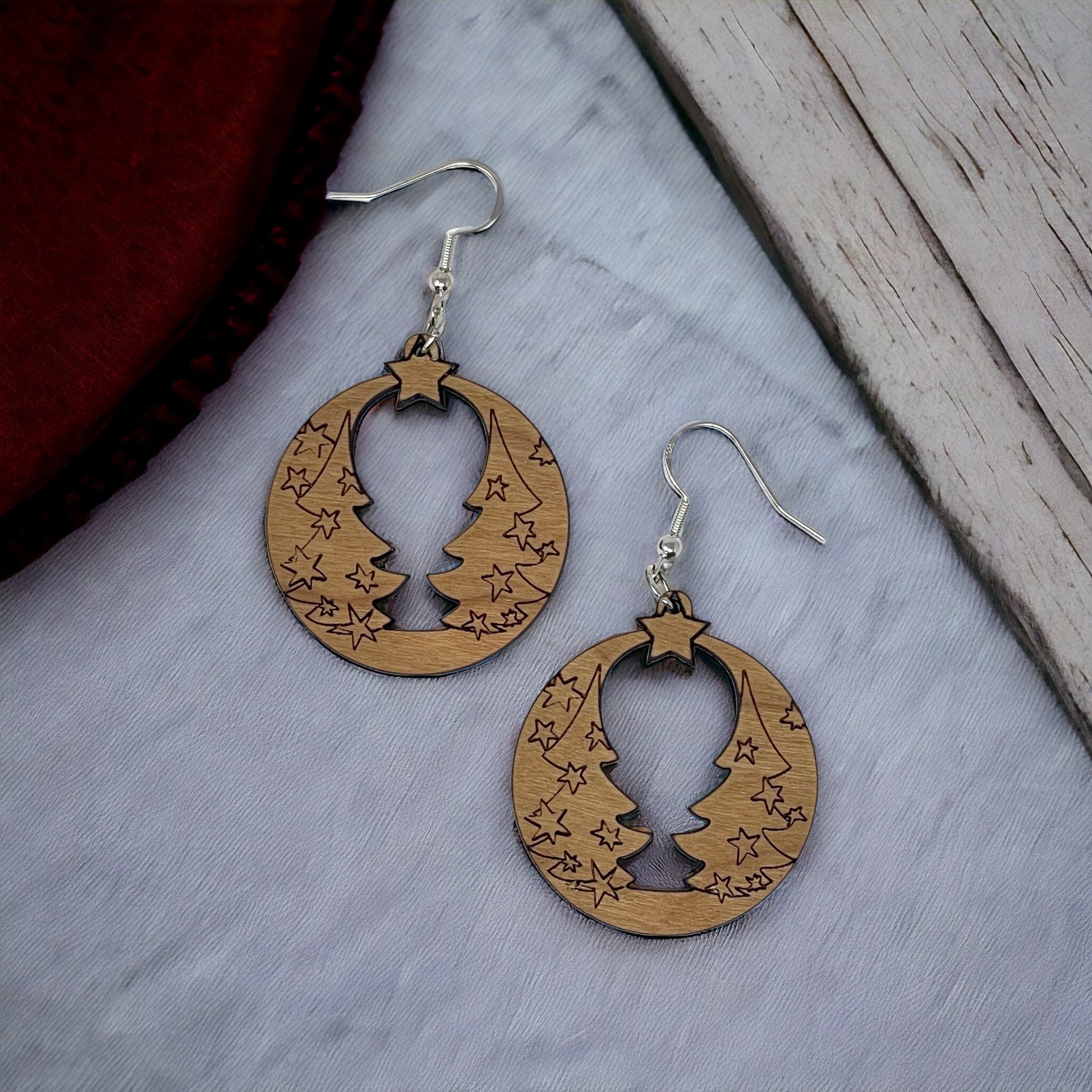 Christmas Tree Wood Earrings - Rustic Dangle Pine Tree Design, Cute Winter Holiday Accessories with a Natural Touch