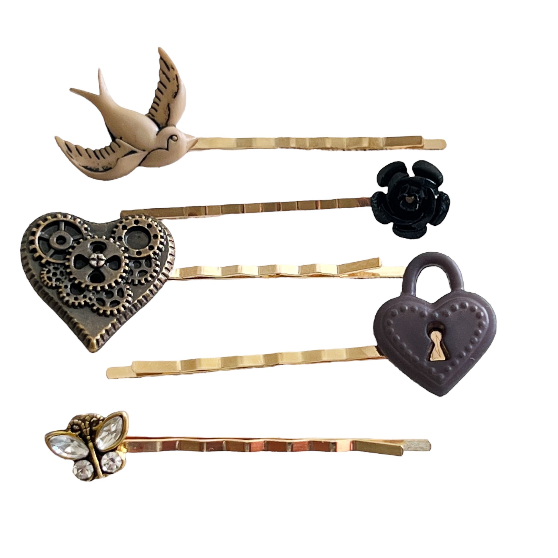 Steampunk Hair Pin Set of 5 - Gear Heart, Butterfly, Heart Lock, Bird, Flower Designs for Unique Hairstyles