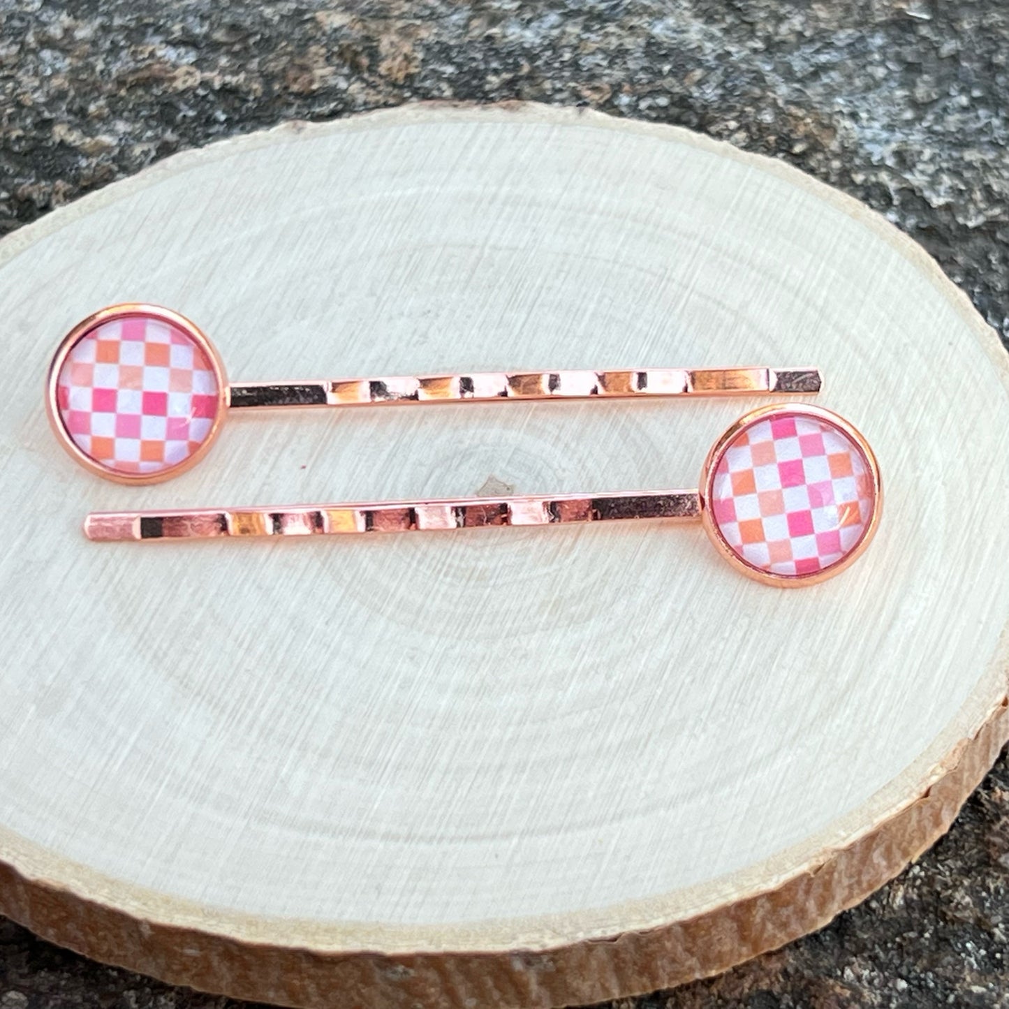 Pink & Orange Gingham Rose Gold Bobby Pins