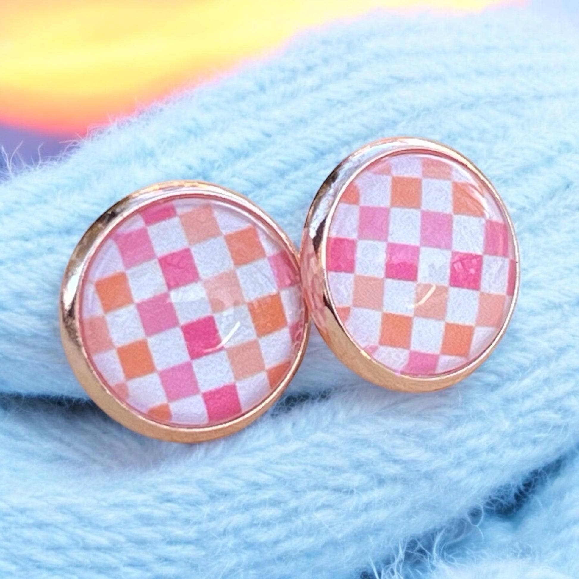 Pink & Orange Gingham Earrings - Rose Gold