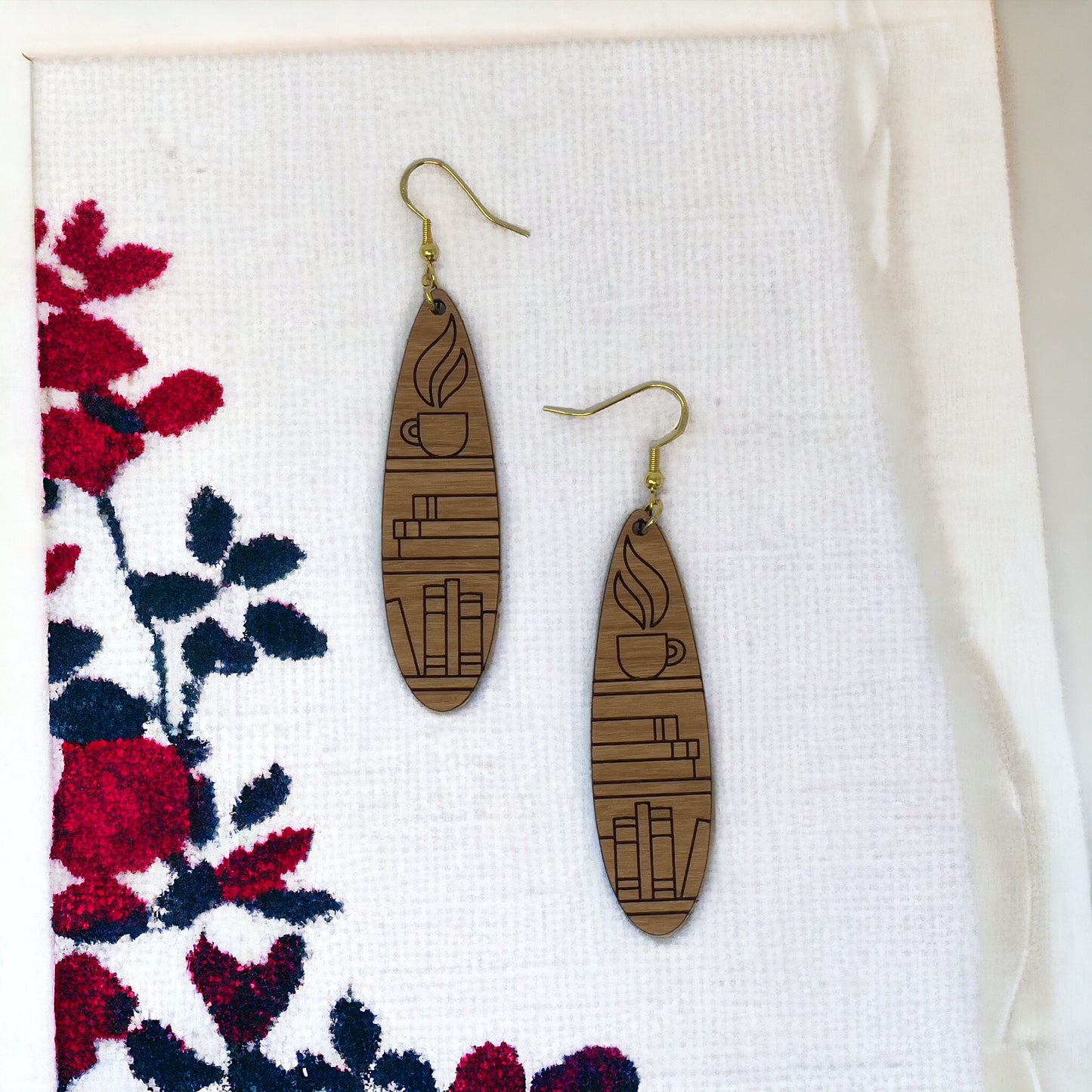 Bookshelf Wood Dangle Earrings - Cute Book Lover Gift | Boho Women's Miniature Bookcase Jewelry