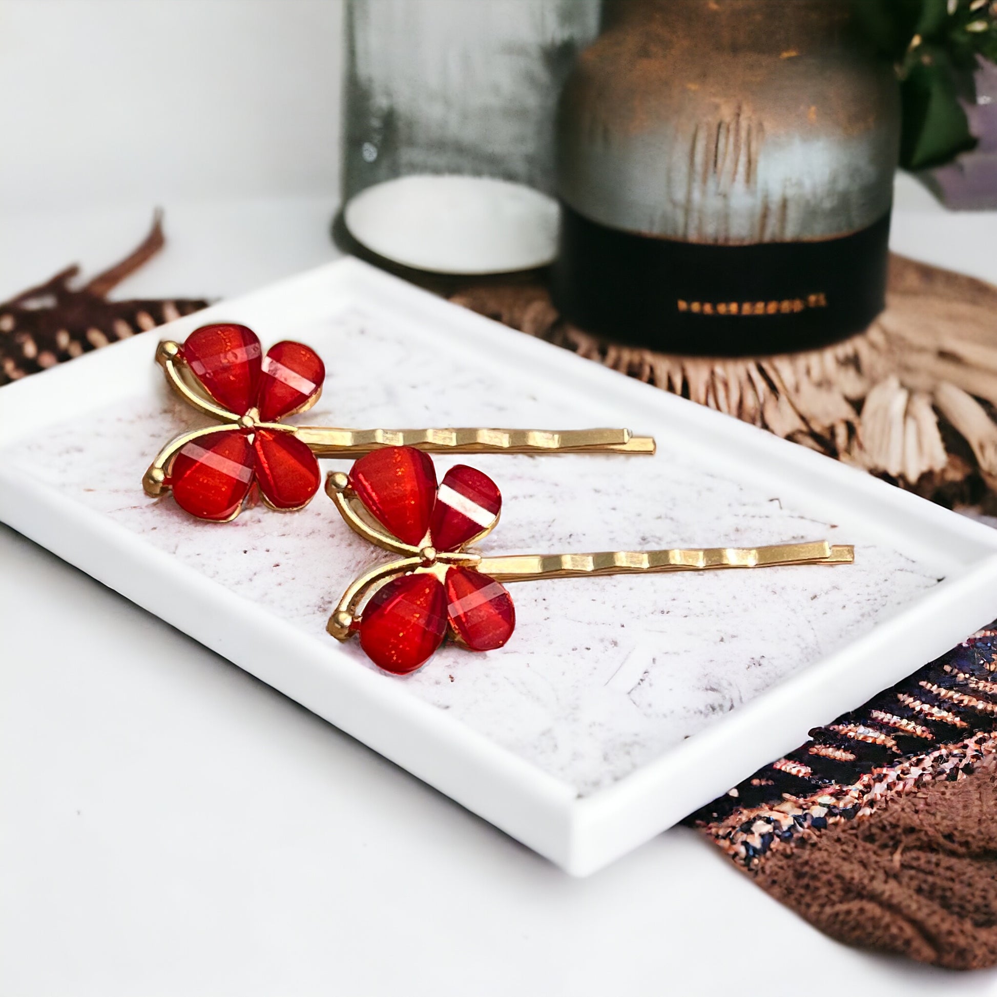 Red Rhinestone Butterfly Hair Pins - Elegant & Vibrant Hair Accessories