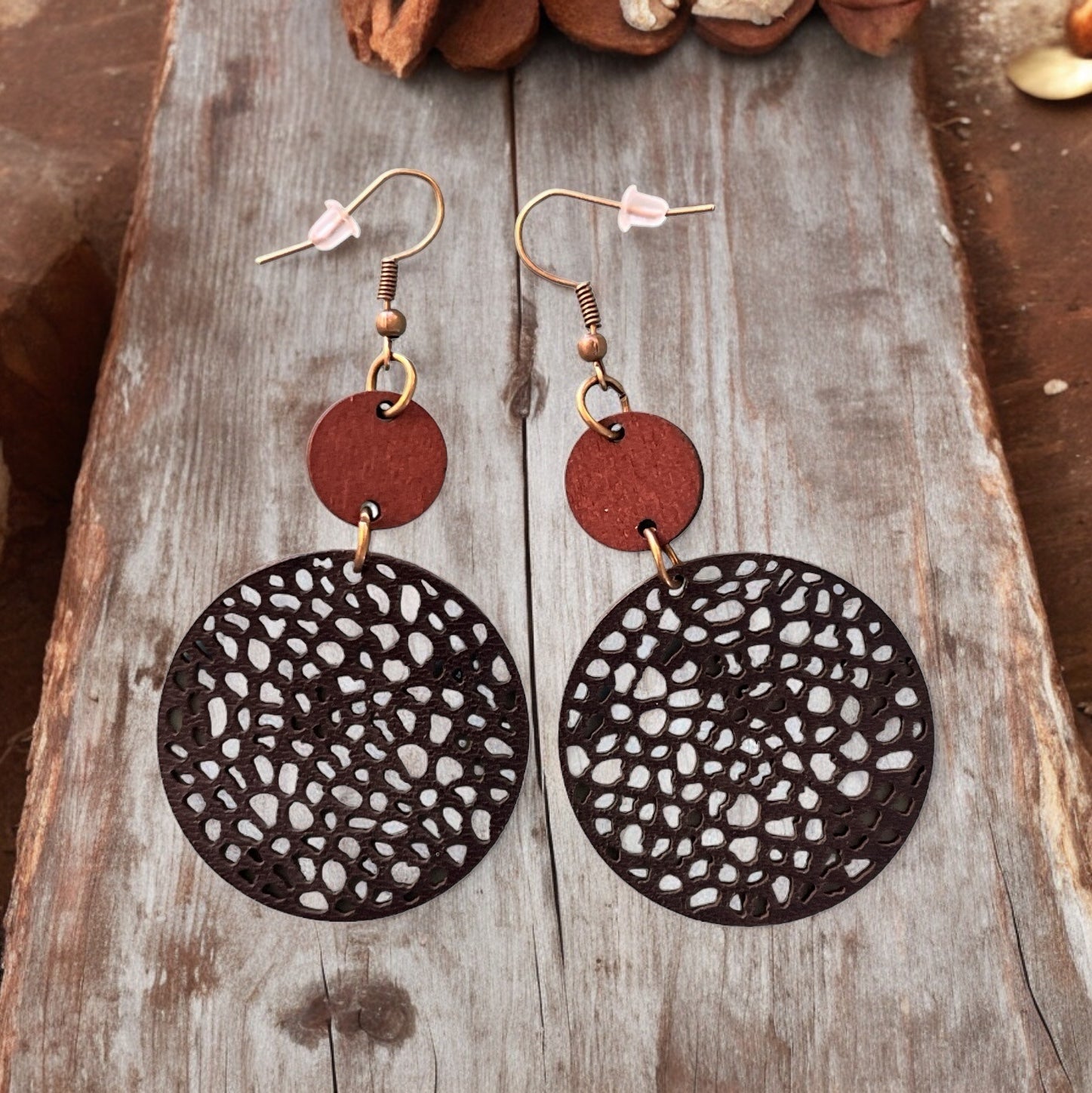 Natural Wood & Black Leather Earrings: Chic & Rustic Accessories