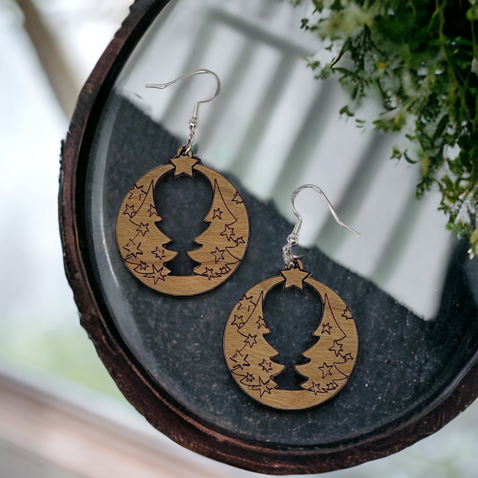 Christmas Tree Wood Earrings - Rustic Dangle Pine Tree Design, Cute Winter Holiday Accessories with a Natural Touch