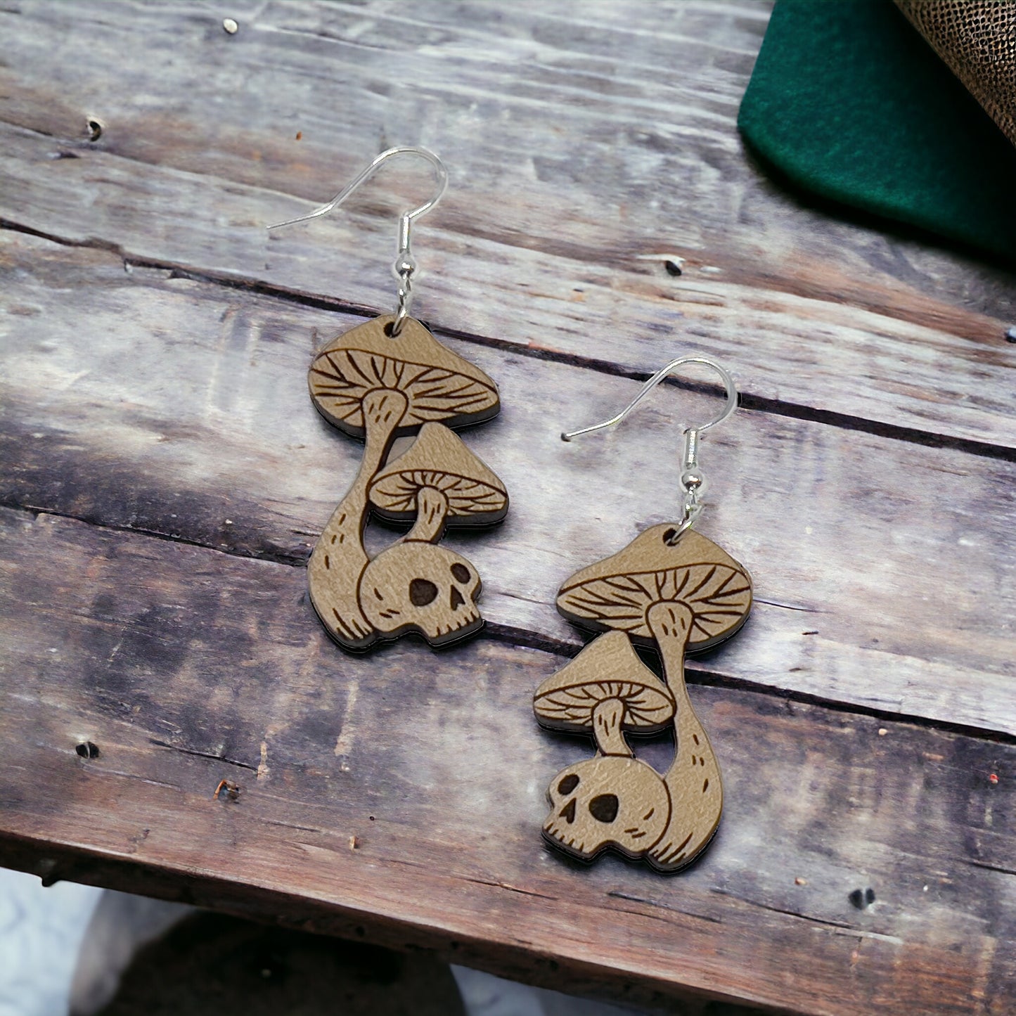 Mushroom Earrings, Rustic Dangle Earrings, Boho Skull Earrings, Cute Nature Earrings, Gothic Wooden Earrings, Country Western Hippie Jewelry