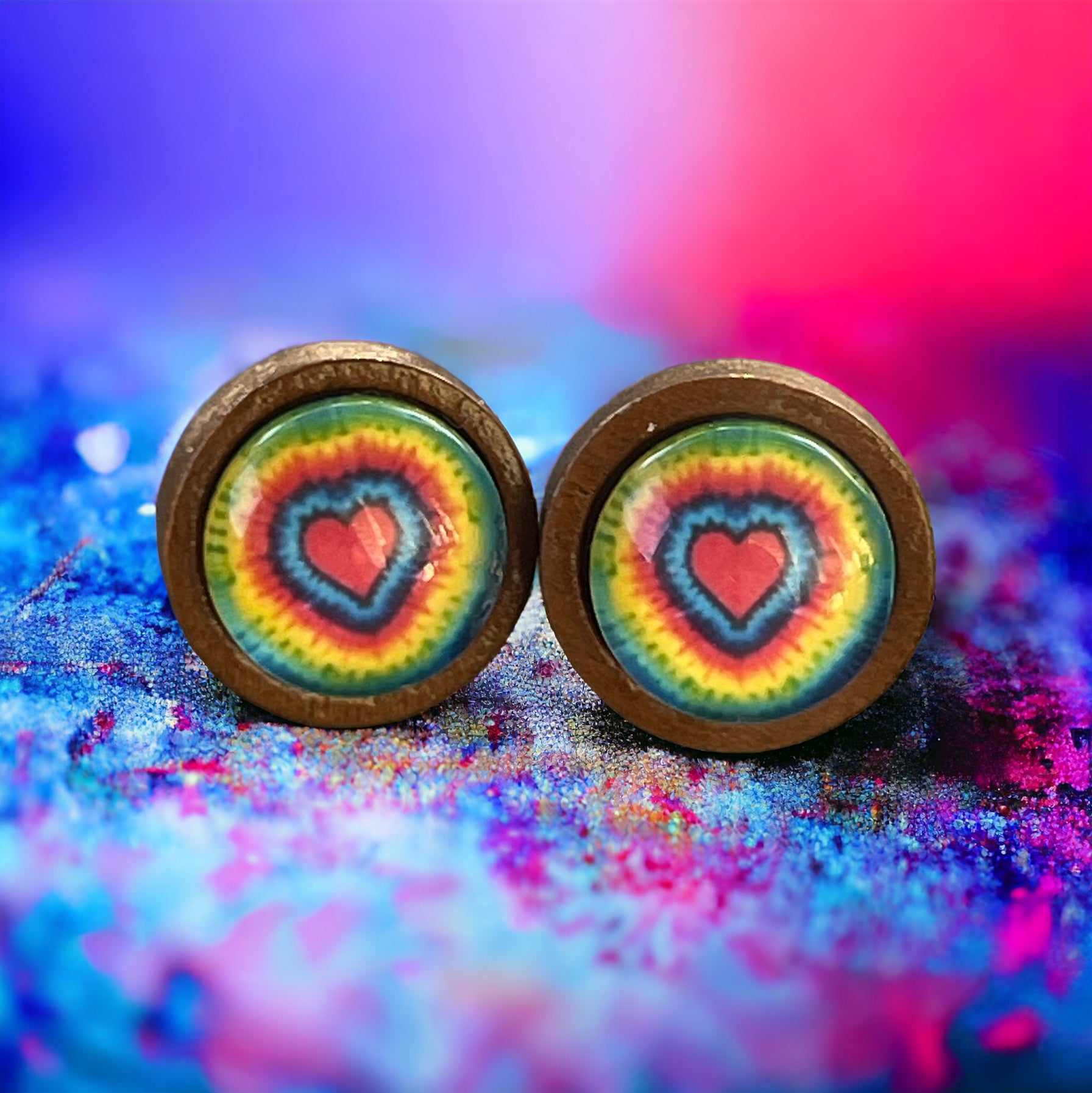 Tie-Dye Heart Wood Stud Earrings: Boho Hippie Chic for Vibrant Style