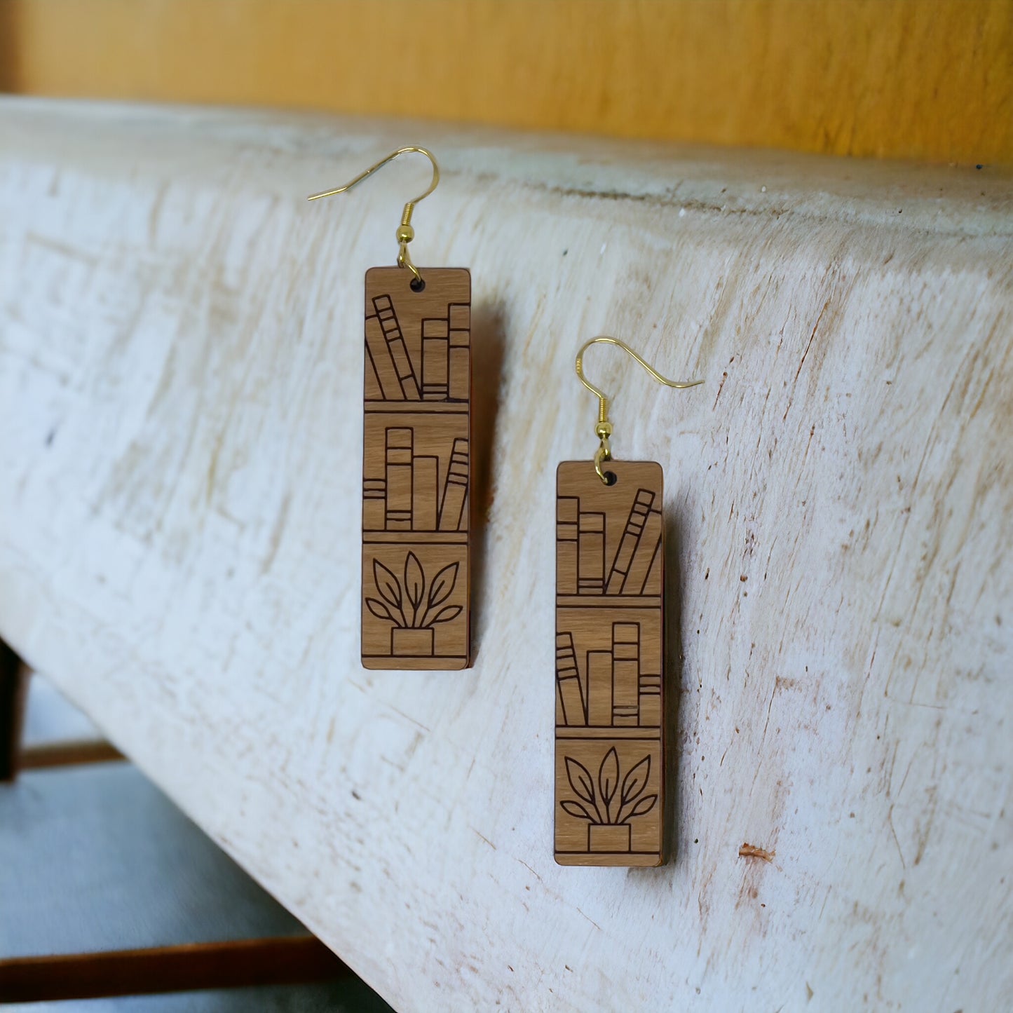 Bookshelf Wood Dangle Earrings - Cute Book Lover Gift | Boho Women's Miniature Bookcase Jewelry