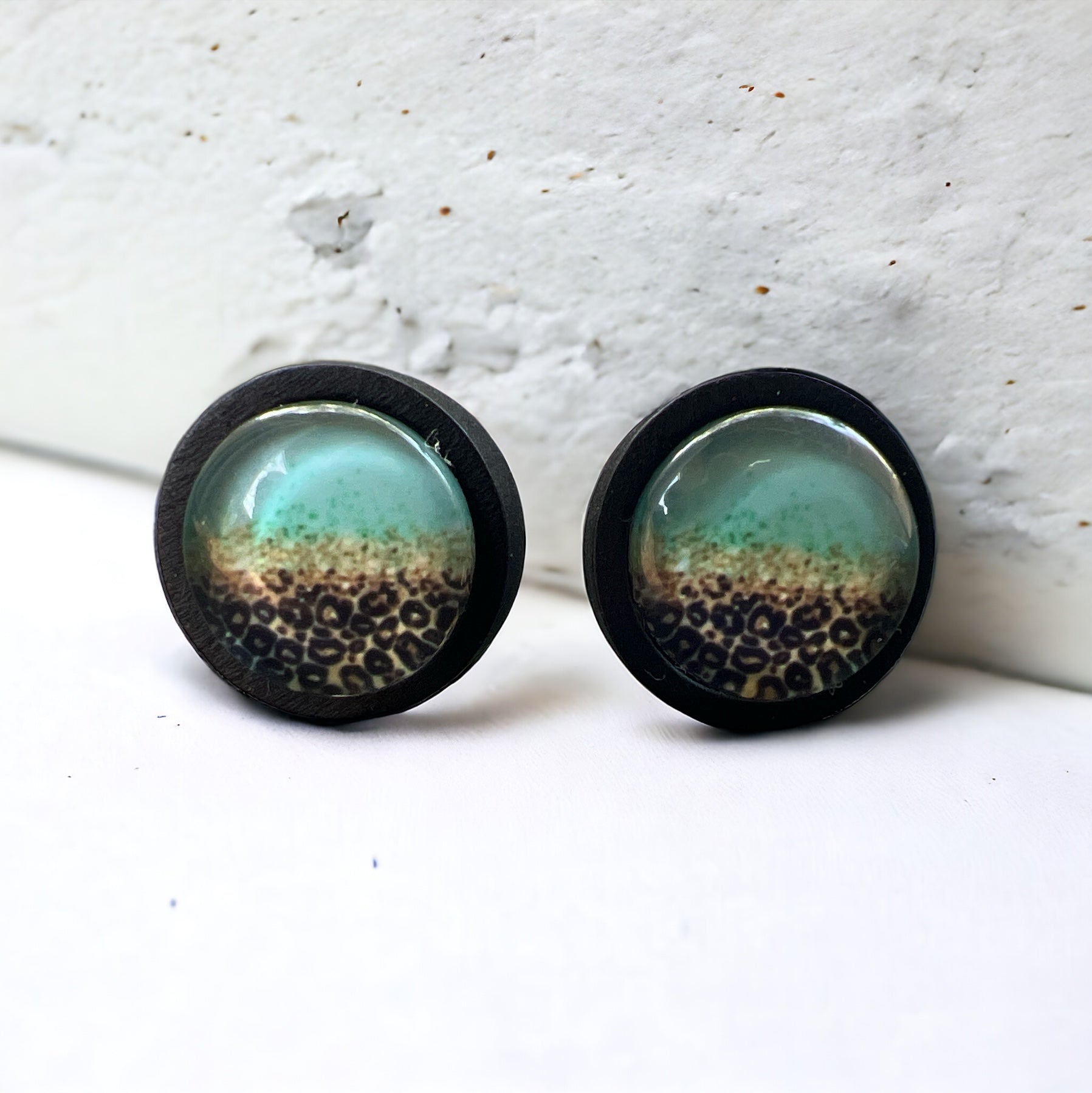 Green and Gold Animal Print Wood Earring Studs