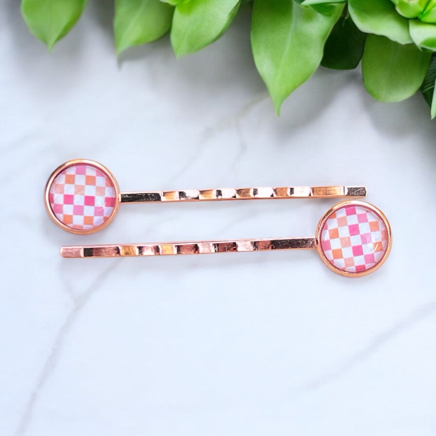 Pink & Orange Gingham Rose Gold Bobby Pins