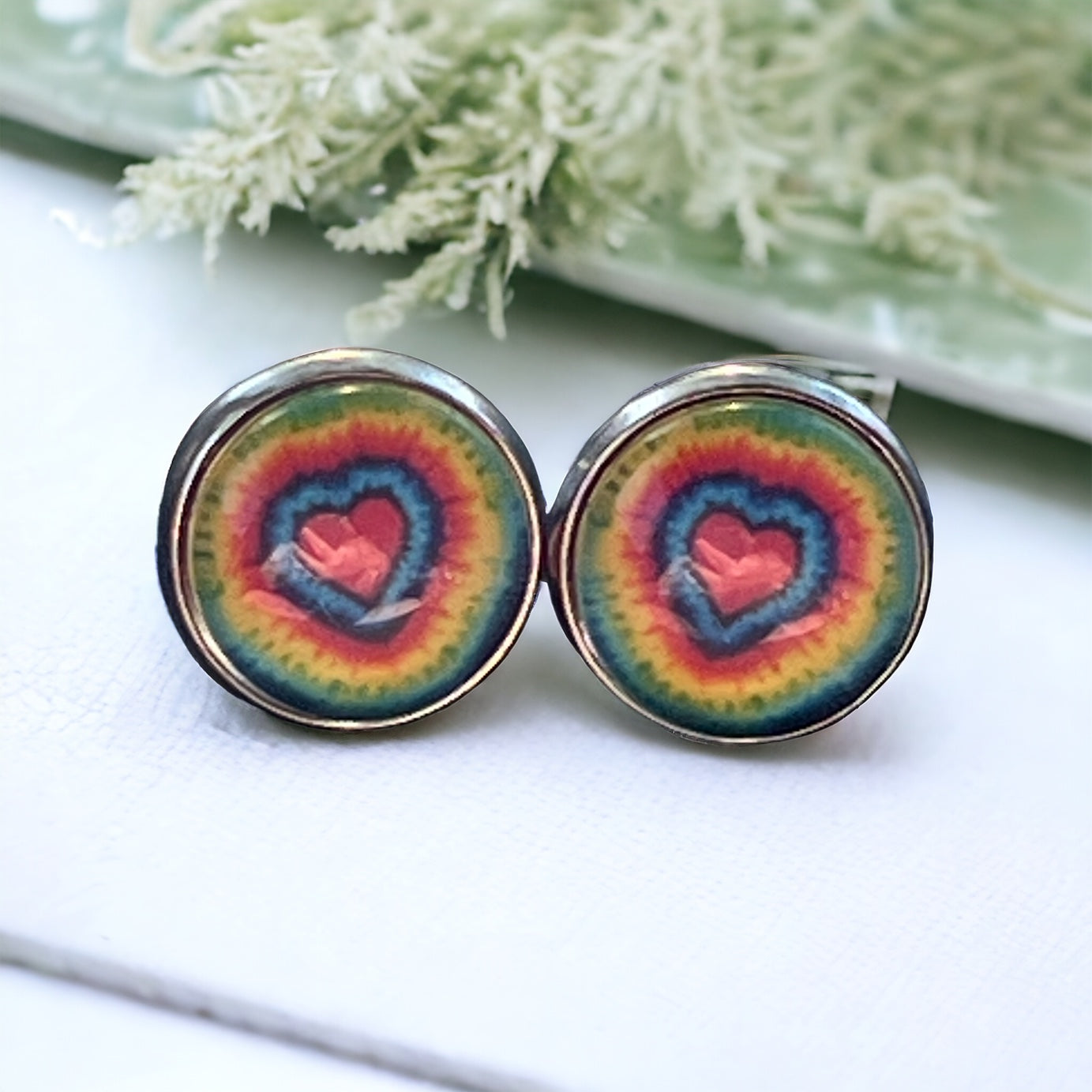 Tie-Dye Heart Silver Stud Earrings: Boho Hippie Chic for Vibrant Style