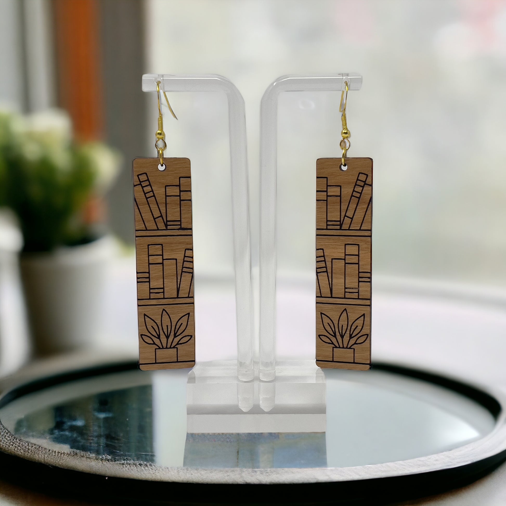 Bookshelf Wood Dangle Earrings - Cute Book Lover Gift | Boho Women's Miniature Bookcase Jewelry