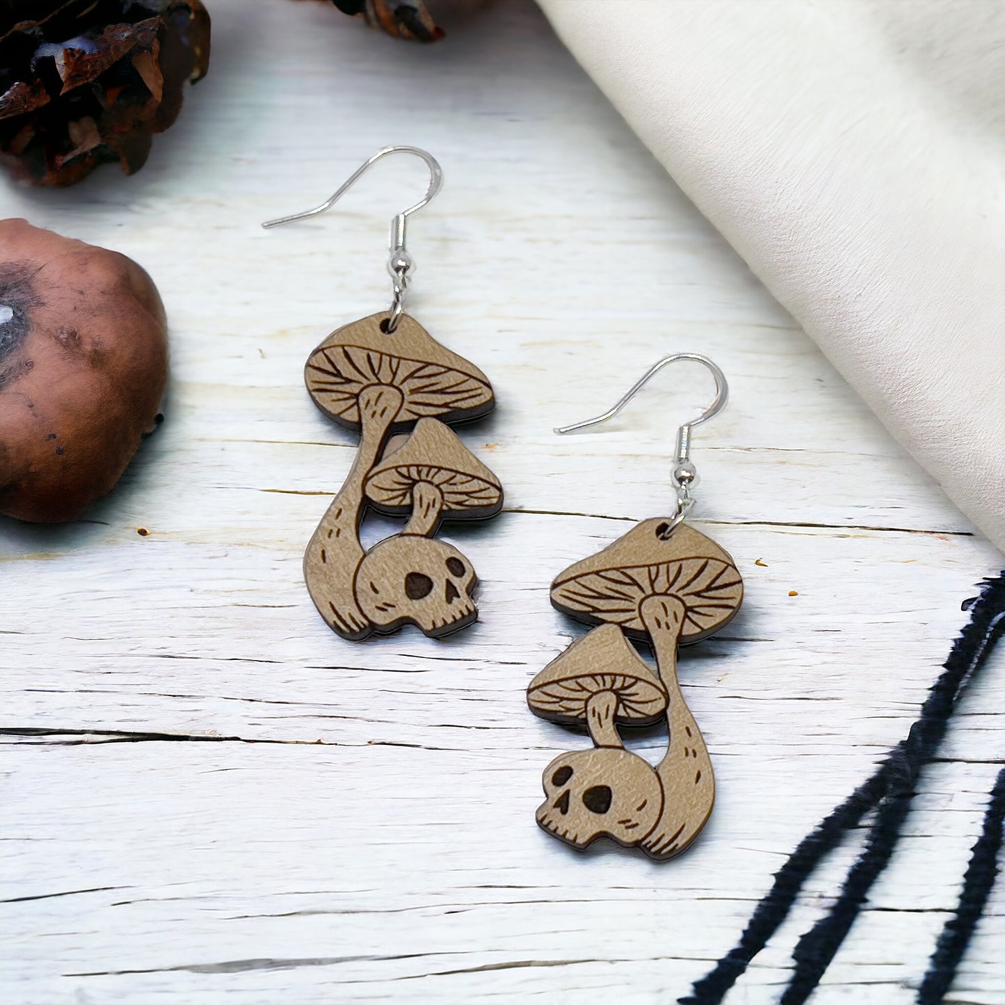 Mushroom Earrings, Rustic Dangle Earrings, Boho Skull Earrings, Cute Nature Earrings, Gothic Wooden Earrings, Country Western Hippie Jewelry