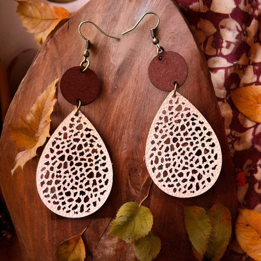 Natural Wood & Off-White Leather Earrings: Chic & Rustic Accessories