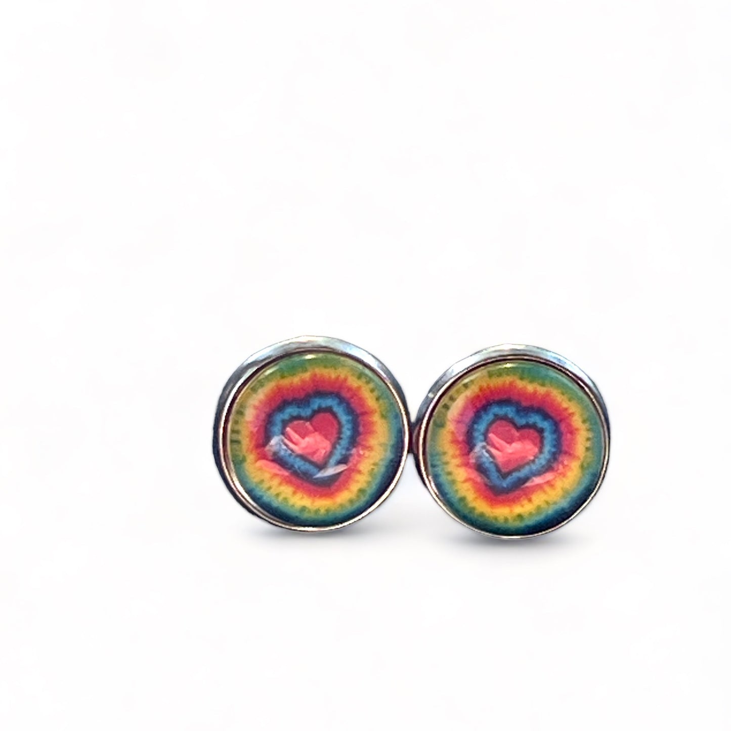 Tie-Dye Heart Silver Stud Earrings: Boho Hippie Chic for Vibrant Style