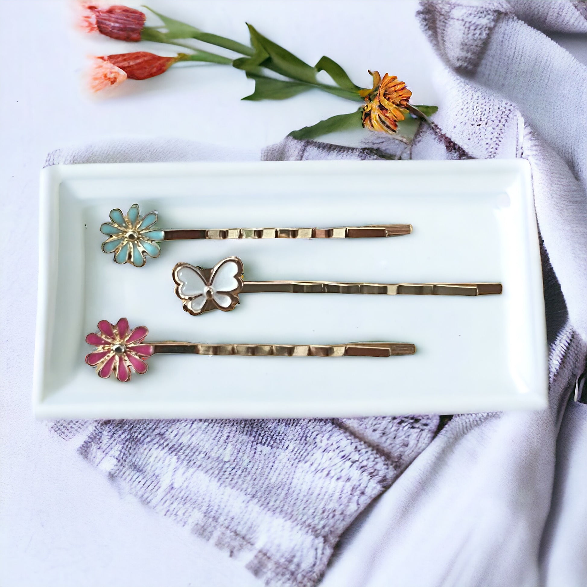 White Butterfly & Flower Hair Pin Set - Set of 3 Adorable Accessories for Hair Styling