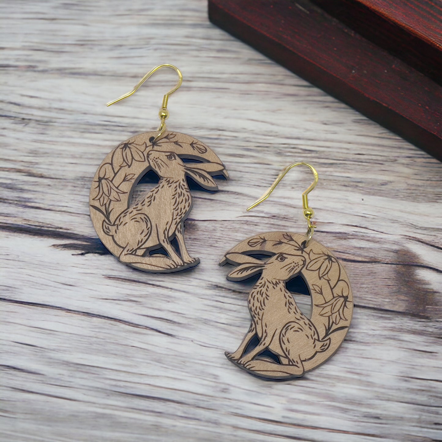 Wood Dangle Bunny & Lily Flower Easter Earrings - Boho Crescent Moon Rabbit Jewelry