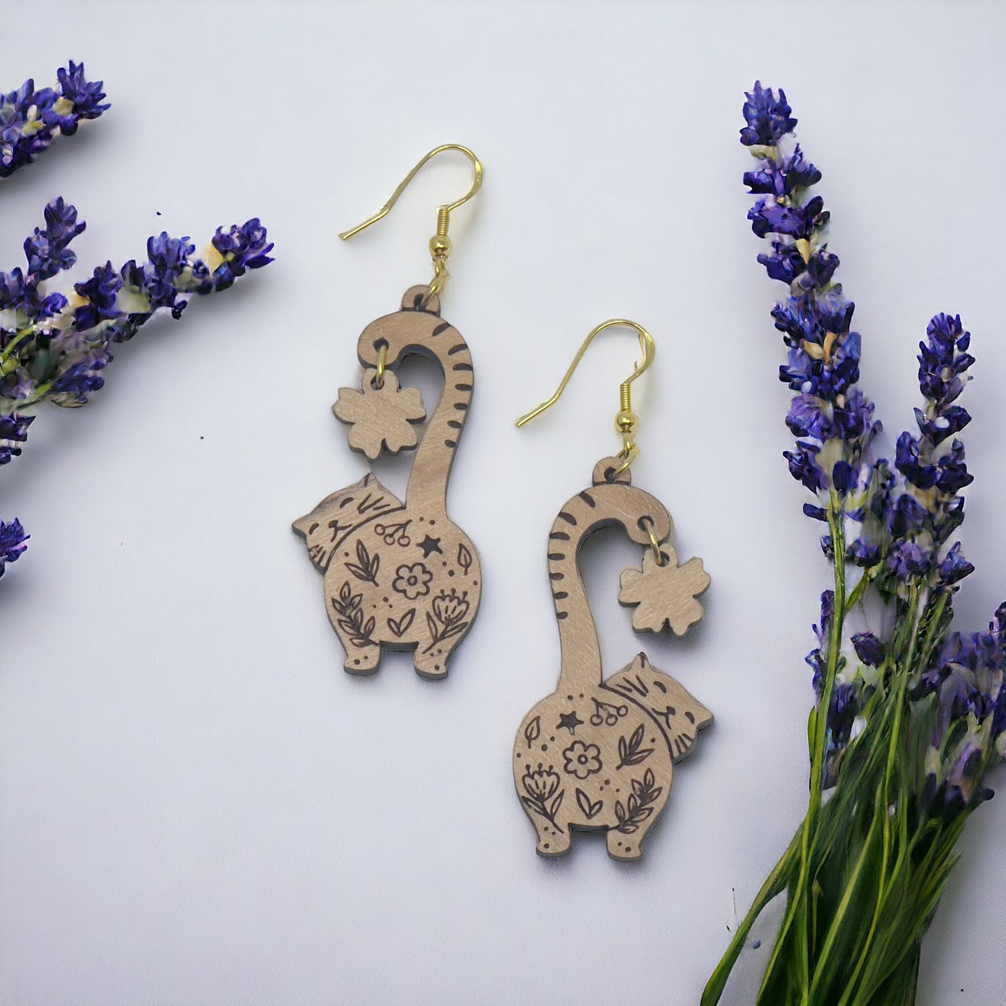 Cat Earrings, Wood Dangle Flower Earrings, Cute Feline Spring Gifts for Cat Lover Girlfriend, Adorable Animal Jewelry, Womens Earring Sets