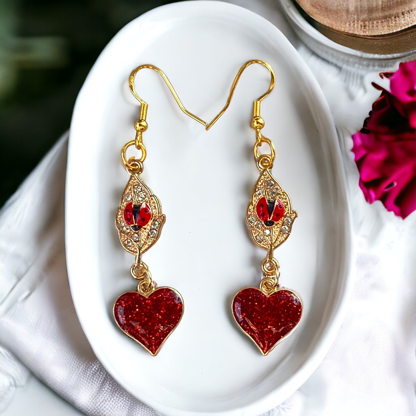 Gold Leaf with Ladybug & Red Heart Dangle Earrings: Whimsical Nature-inspired Jewelry