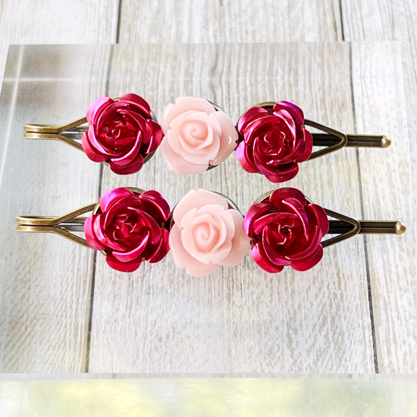 Pink Rose Flower Hair Pins