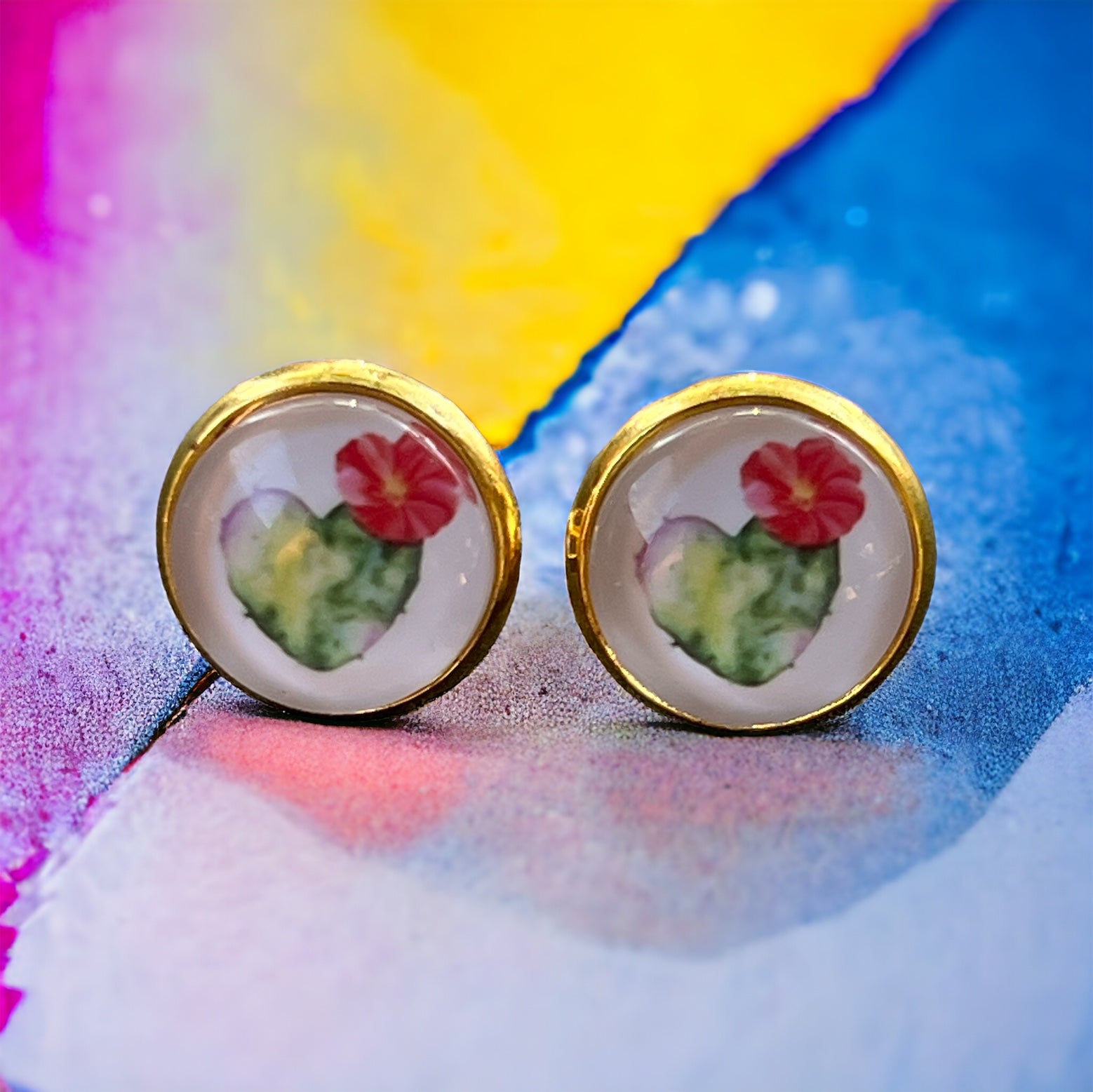 Flowering Cactus Heart Valentine Succulent Gold Stud Earrings