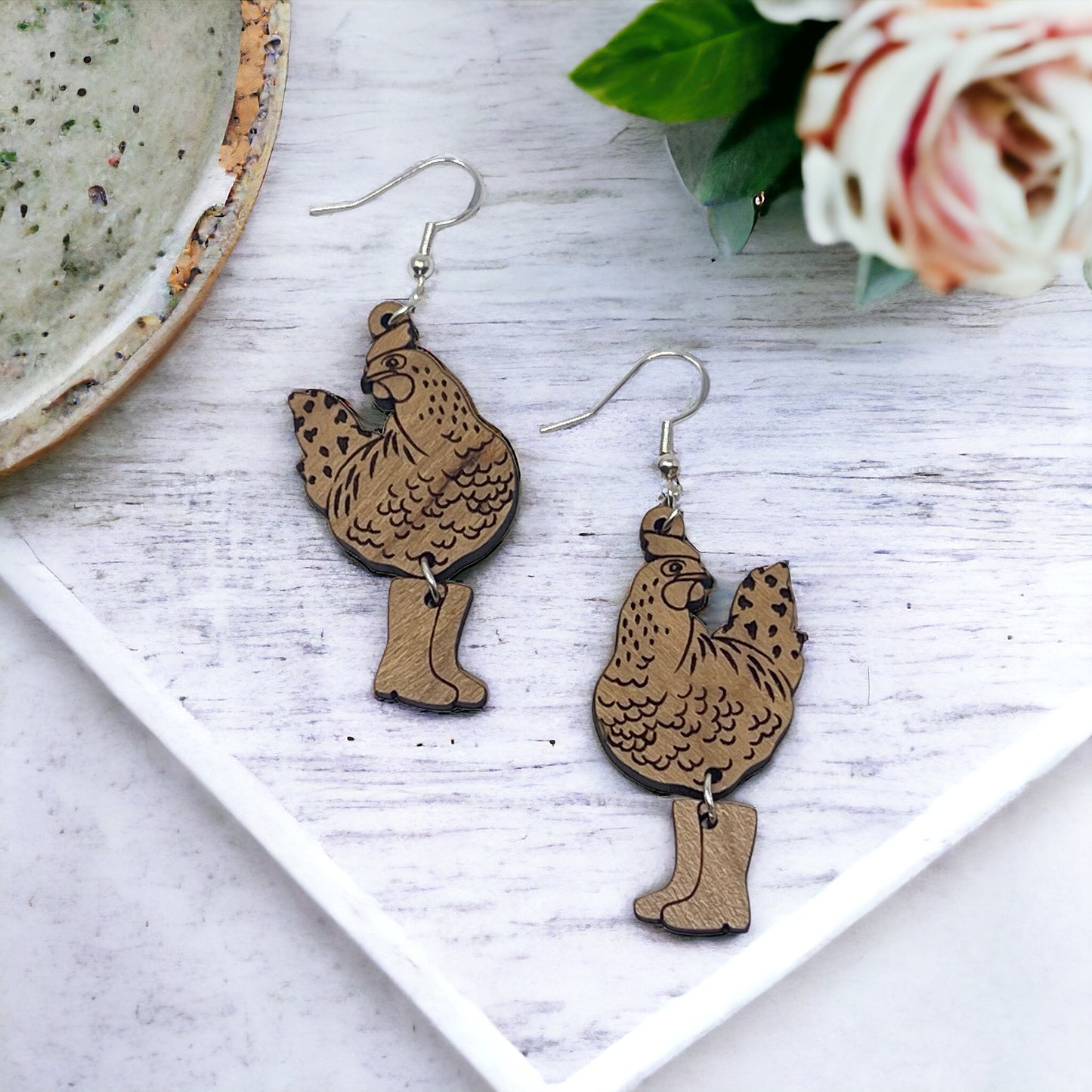 Chic Chicken in Boots Wood Earrings: Handmade Rustic Jewelry for Animal Lovers