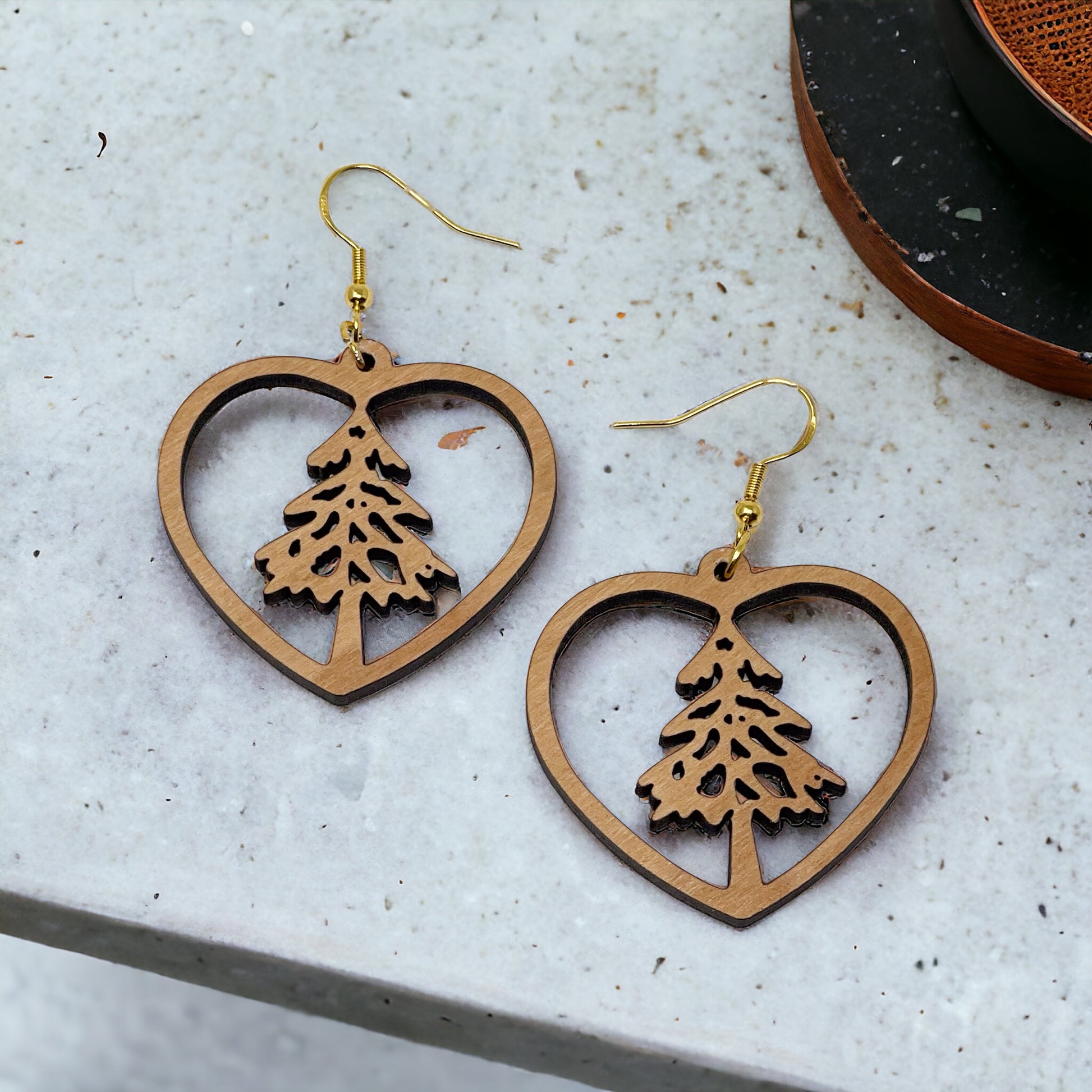 Wooden Heart - Rustic Dangle Earring with Pine Tree Design, Cute Winter Holiday Accessory, Nature-Inspired Jewelry