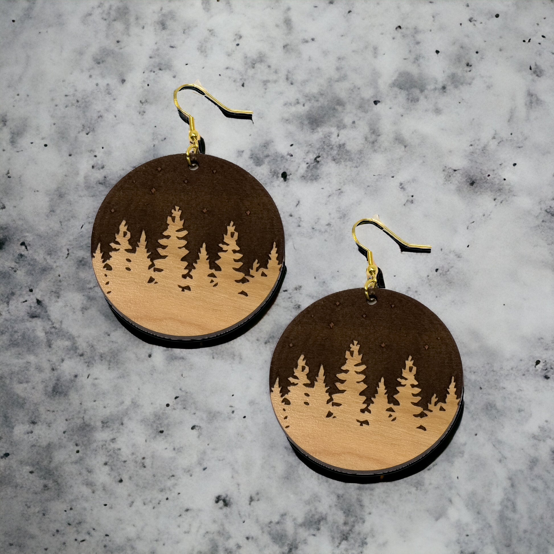 Pine Trees Mountain Earrings, Cute Holiday Christmas Dangle Earrings, Round Wood Earrings, Country Xmas Jewelry, Snowy Forest Nature Gifts