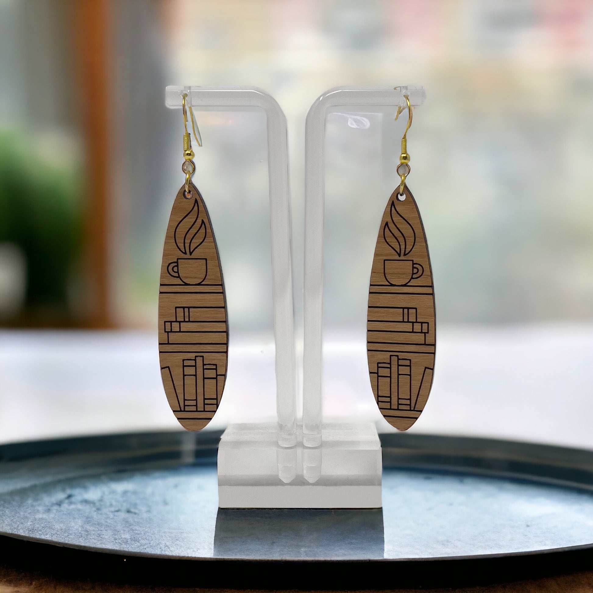 Bookshelf Wood Dangle Earrings - Cute Book Lover Gift | Boho Women's Miniature Bookcase Jewelry