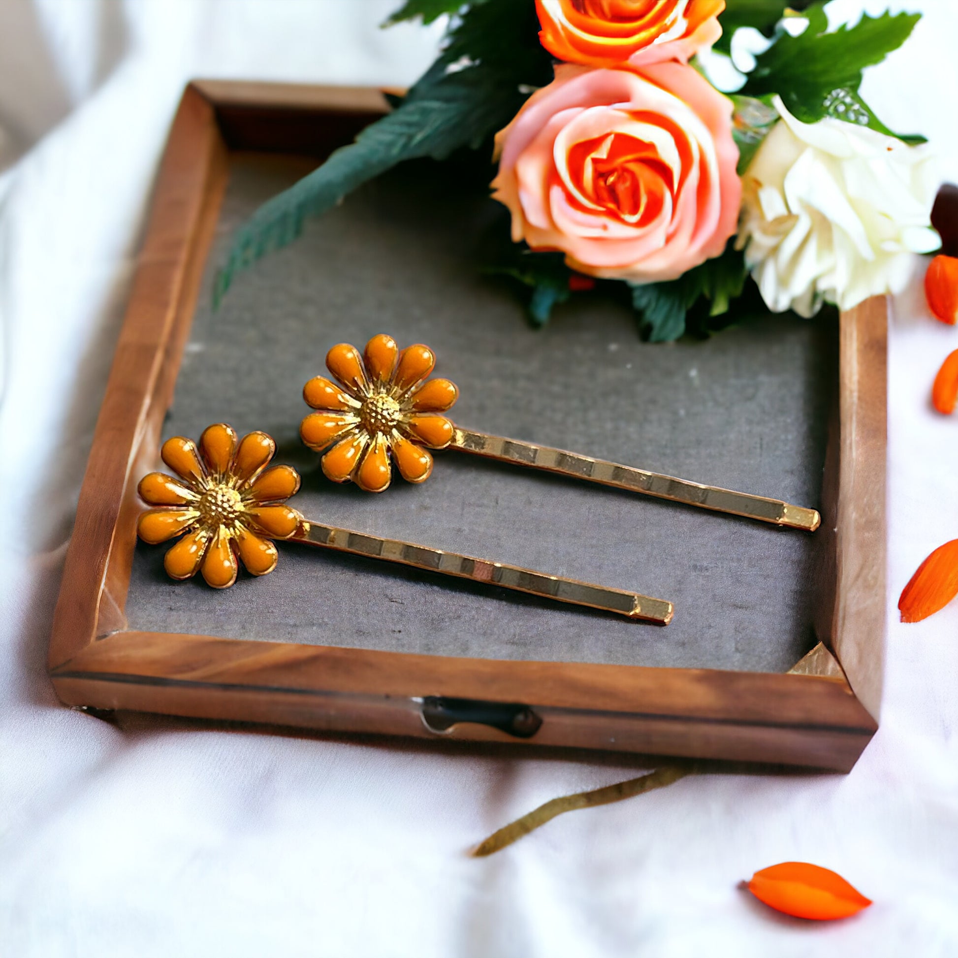 Decorative Orange Enamel Wildflower Hair Pins - Delicate Floral Accessories