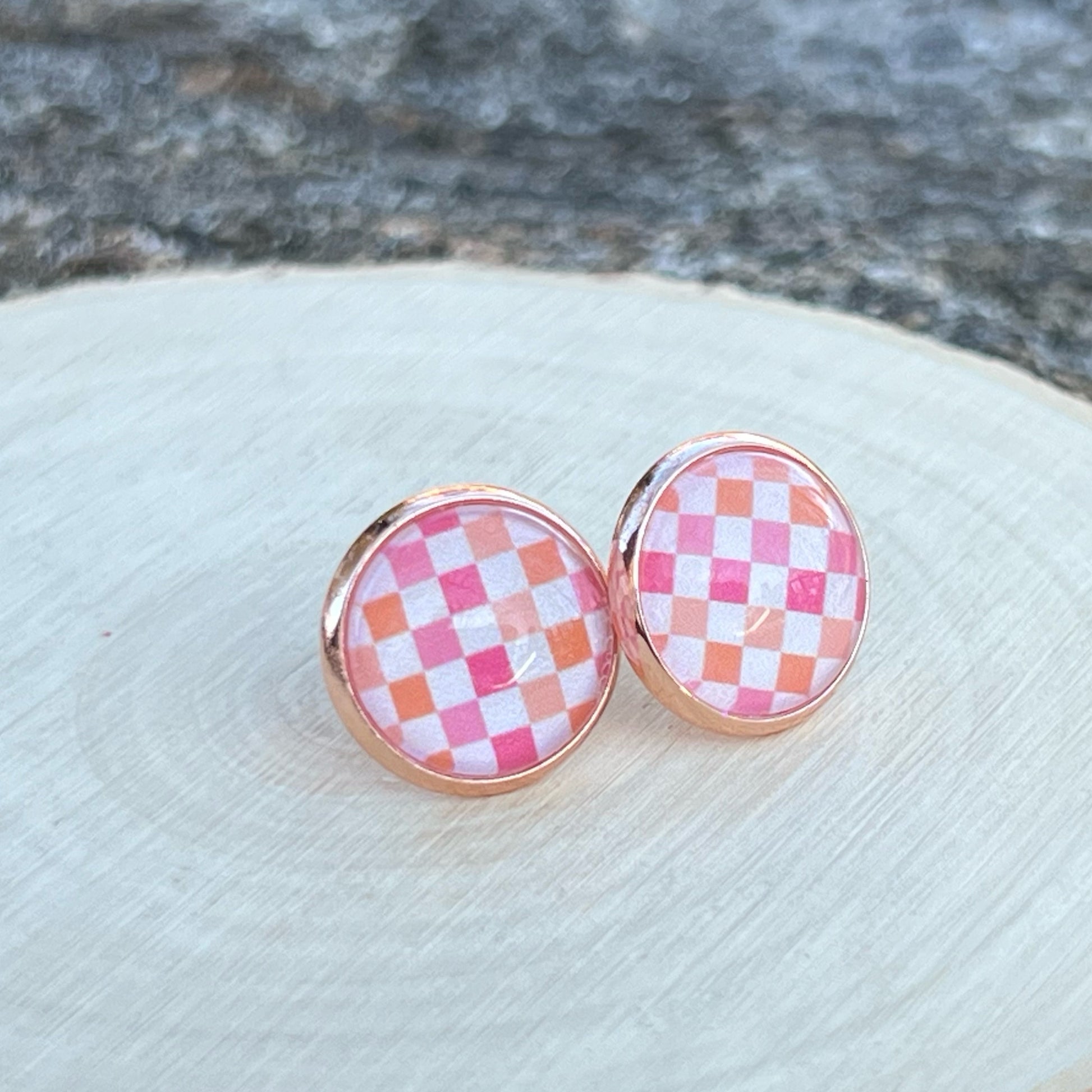 Pink & Orange Gingham Earrings - Rose Gold