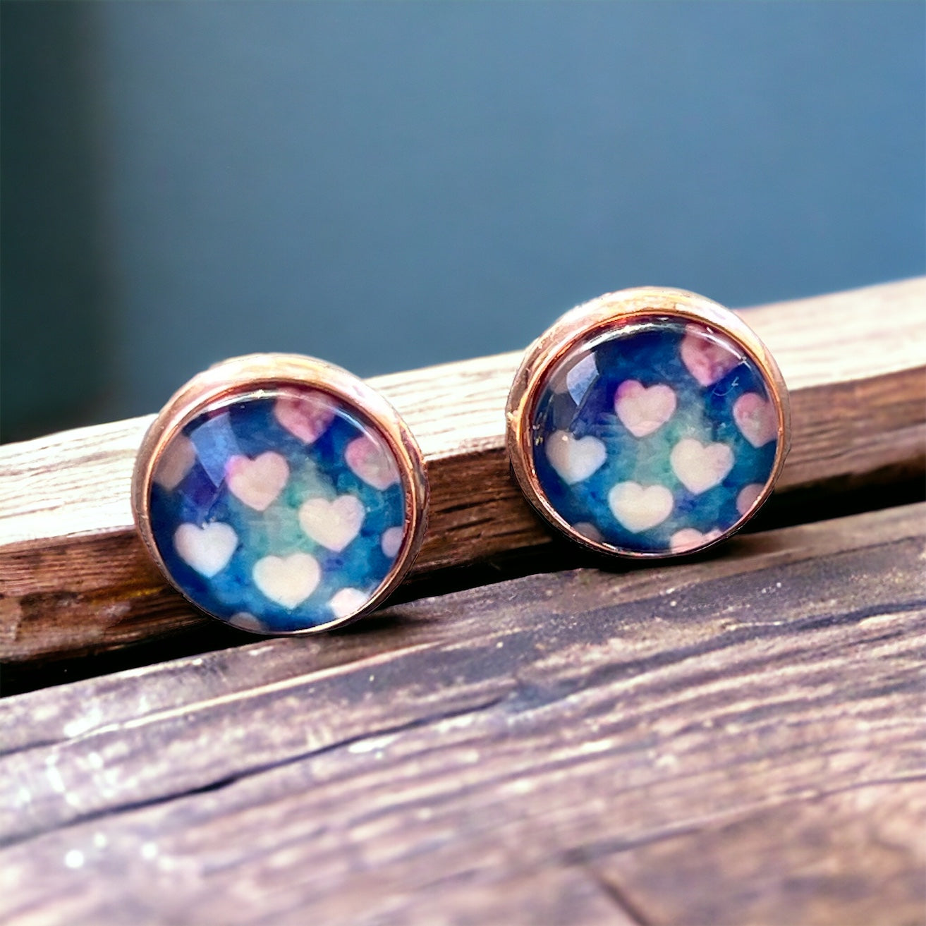 Pink Heart Blue & Rose Gold Earring Studs - Elegant and Charming Accessories