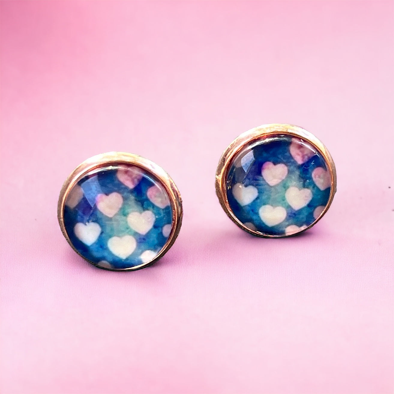 Pink Heart Blue & Rose Gold Earring Studs - Elegant and Charming Accessories