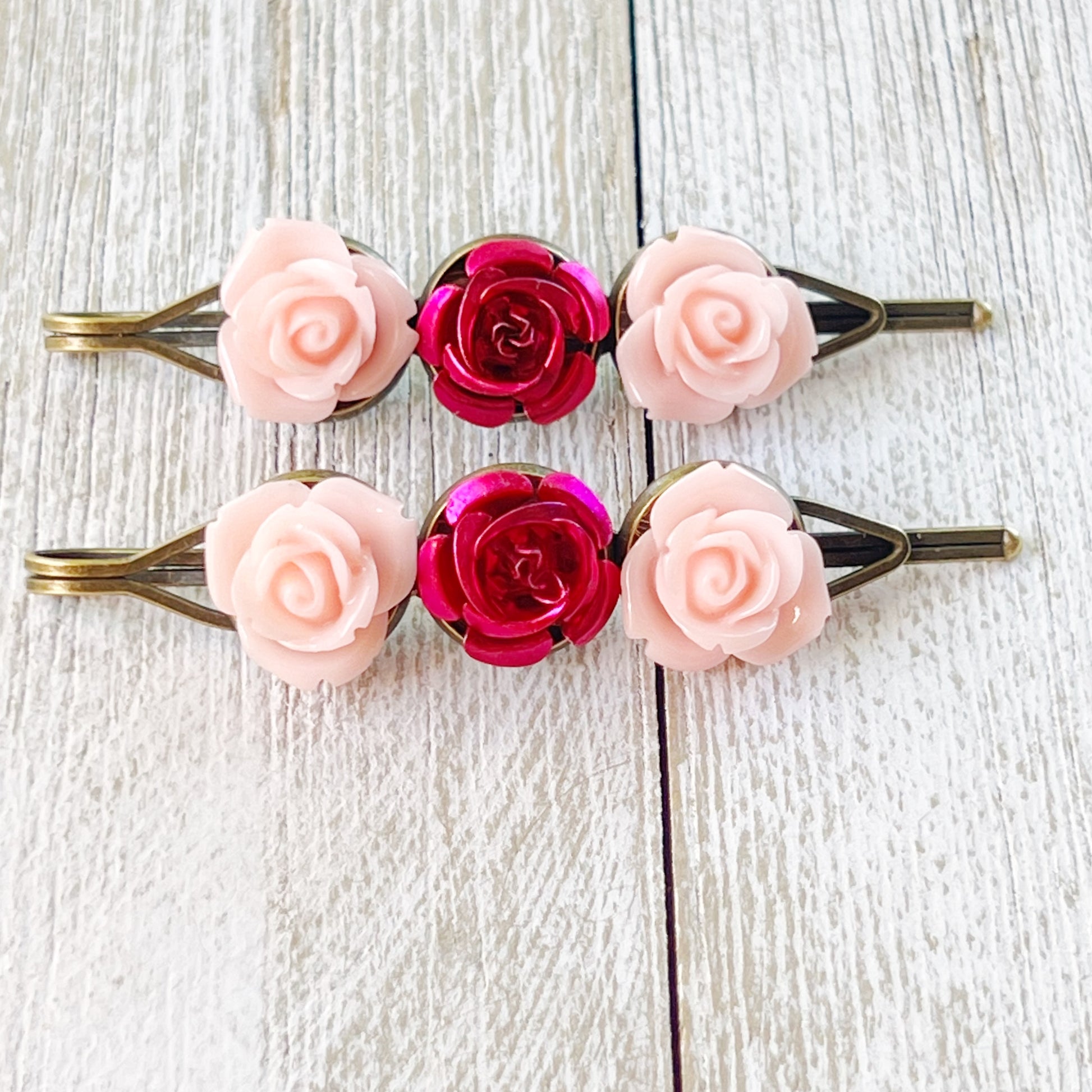 Pink Rose Flower Hair Pins