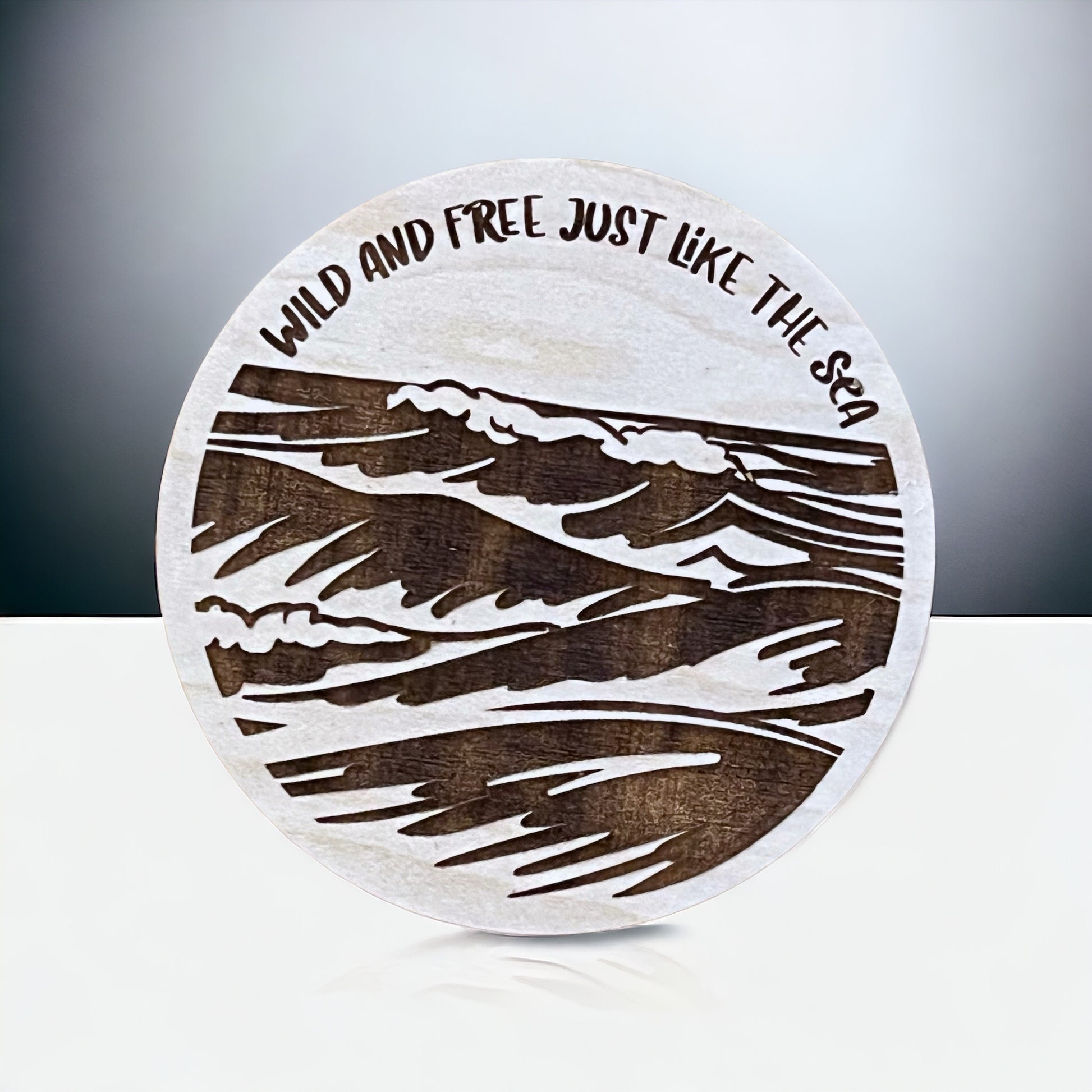 Ocean Waves Scene Wooden Magnet: Engraved with 'Wild & Free Just Like the Sea’