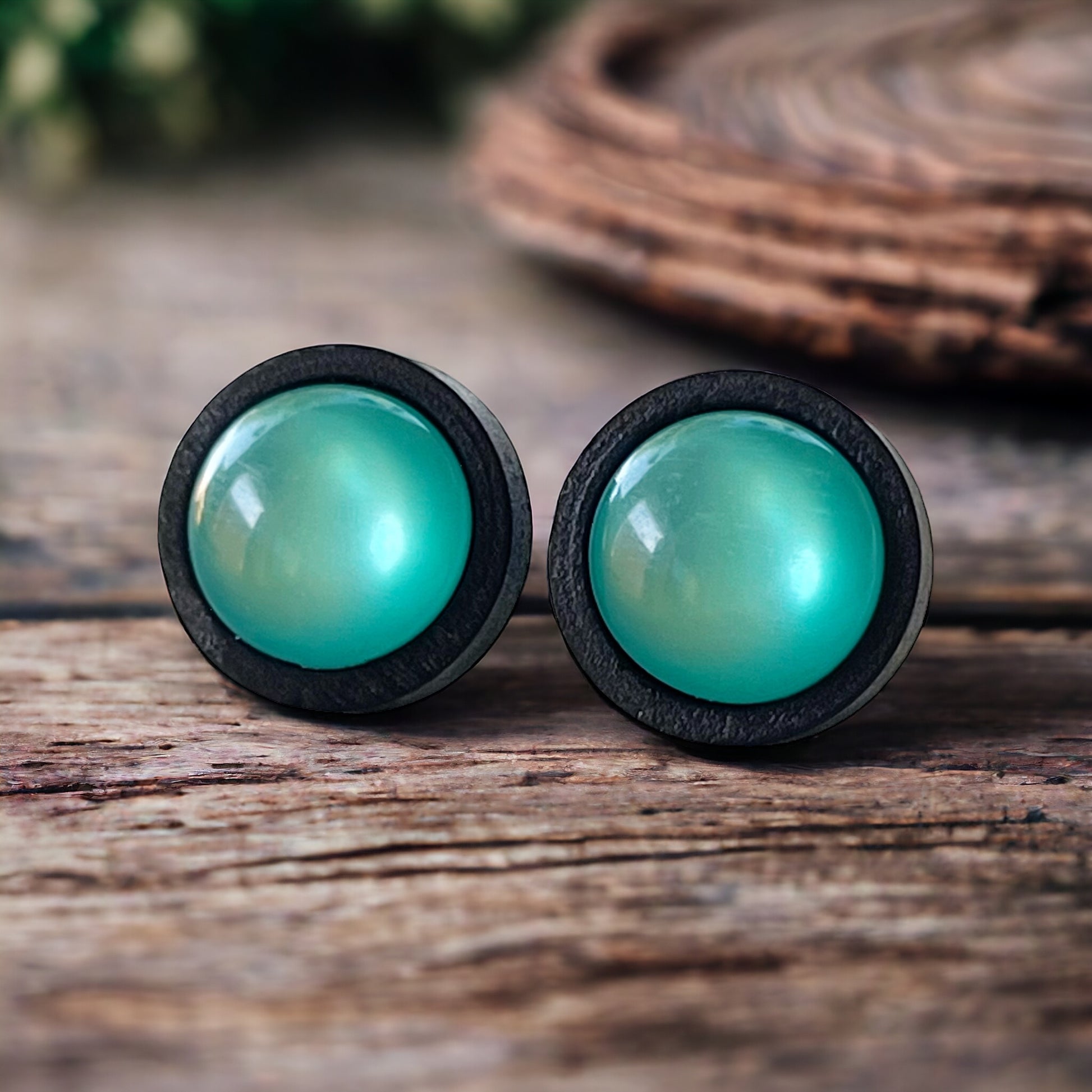 Natural Black Wood Blue Glass Stainless Steel Unisex Stud Earrings