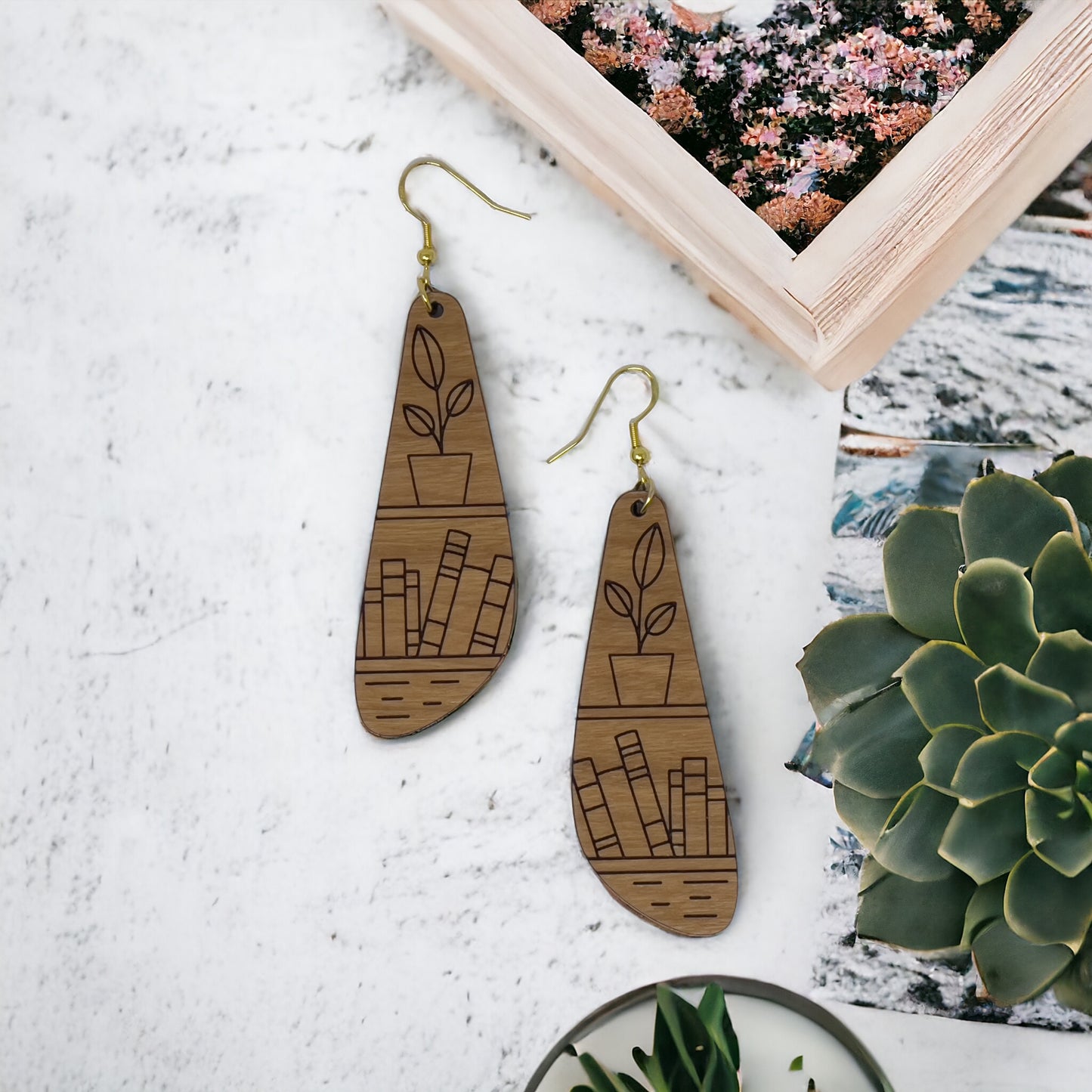 Bookshelf Wood Dangle Earrings - Cute Book Lover Gift | Boho Women's Miniature Bookcase Jewelry