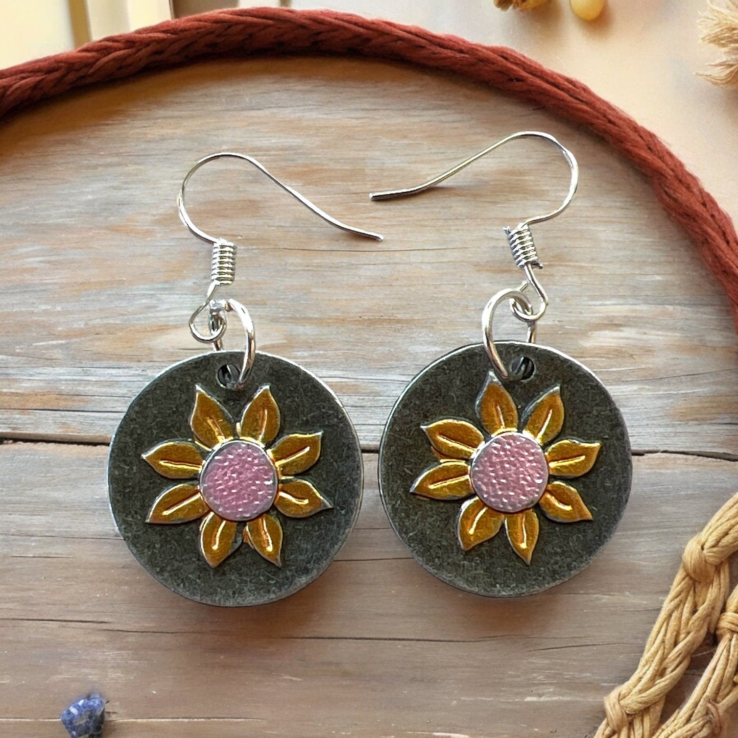 Round Silver Earrings with Sunflowers: Nature-Inspired Accessories