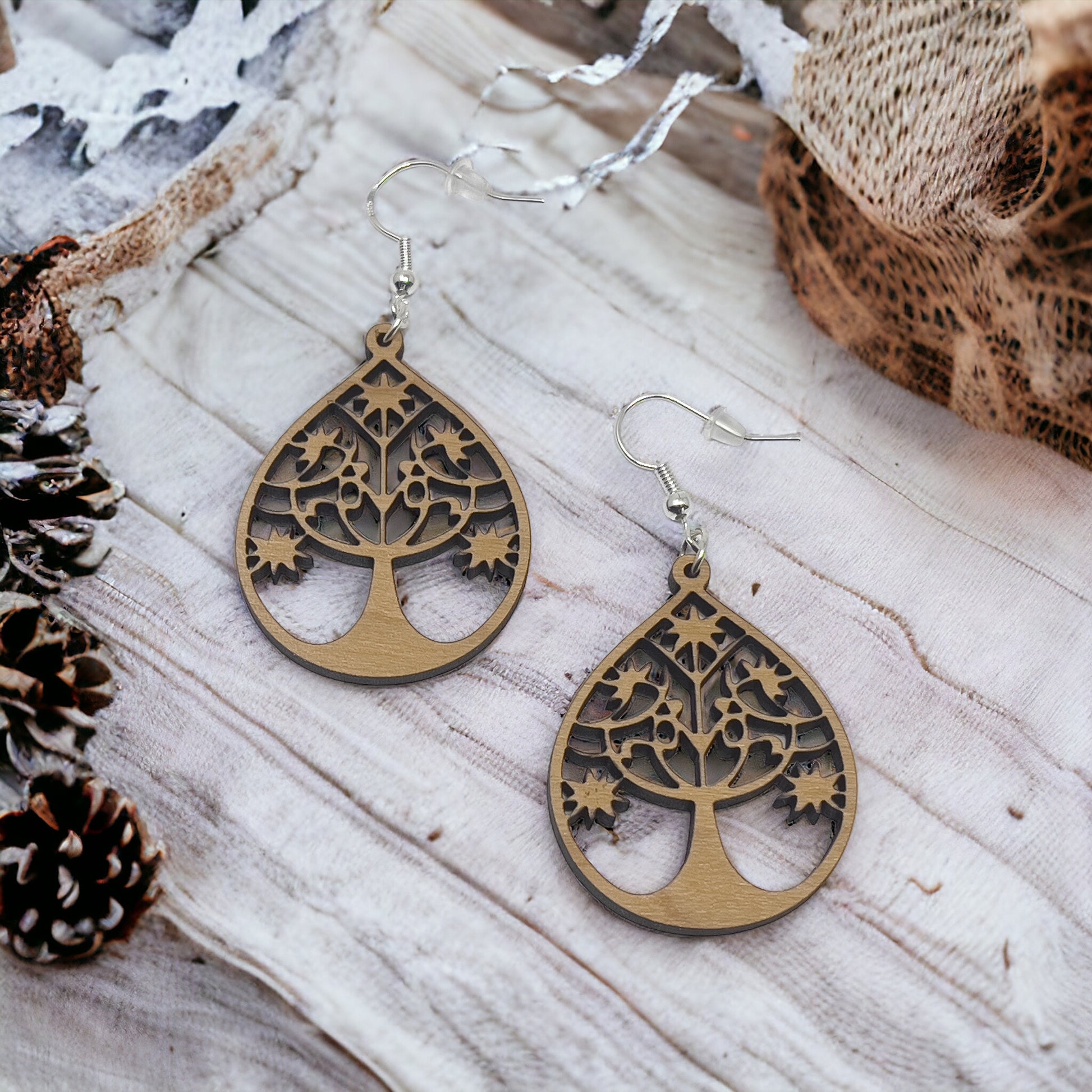 Tree of Life Earrings, Rustic Dangle Earrings, Boho Tree Earrings, Cute Winter Holiday Earring, Nature Wood Earring, Country Western Jewelry