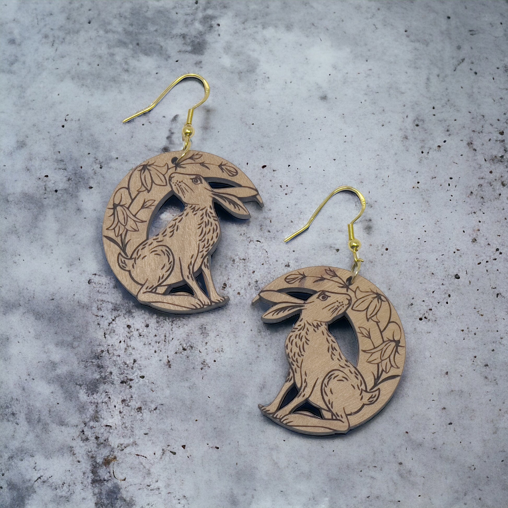 Wood Dangle Bunny & Lily Flower Easter Earrings - Boho Crescent Moon Rabbit Jewelry