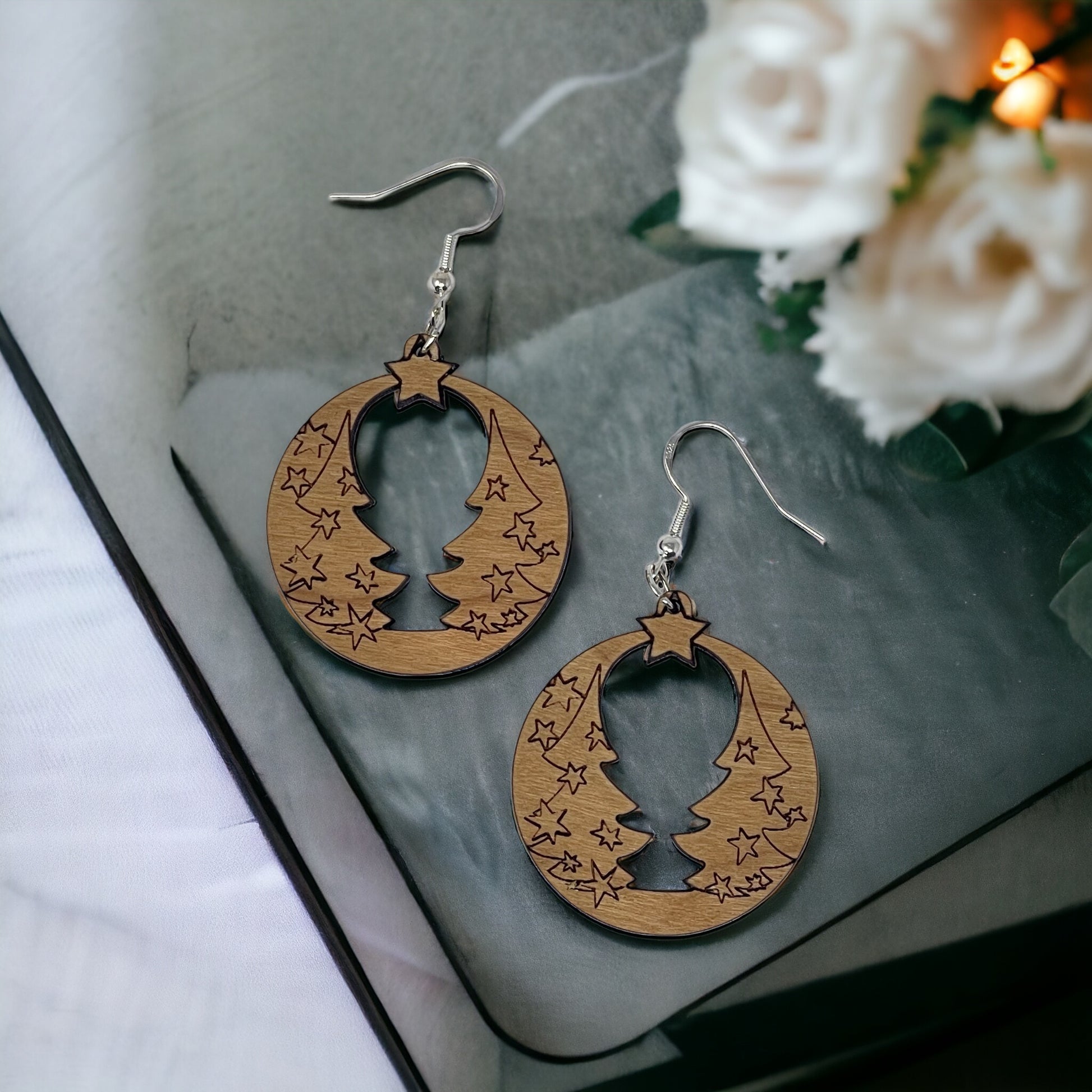 Christmas Tree Wood Earrings - Rustic Dangle Pine Tree Design, Cute Winter Holiday Accessories with a Natural Touch