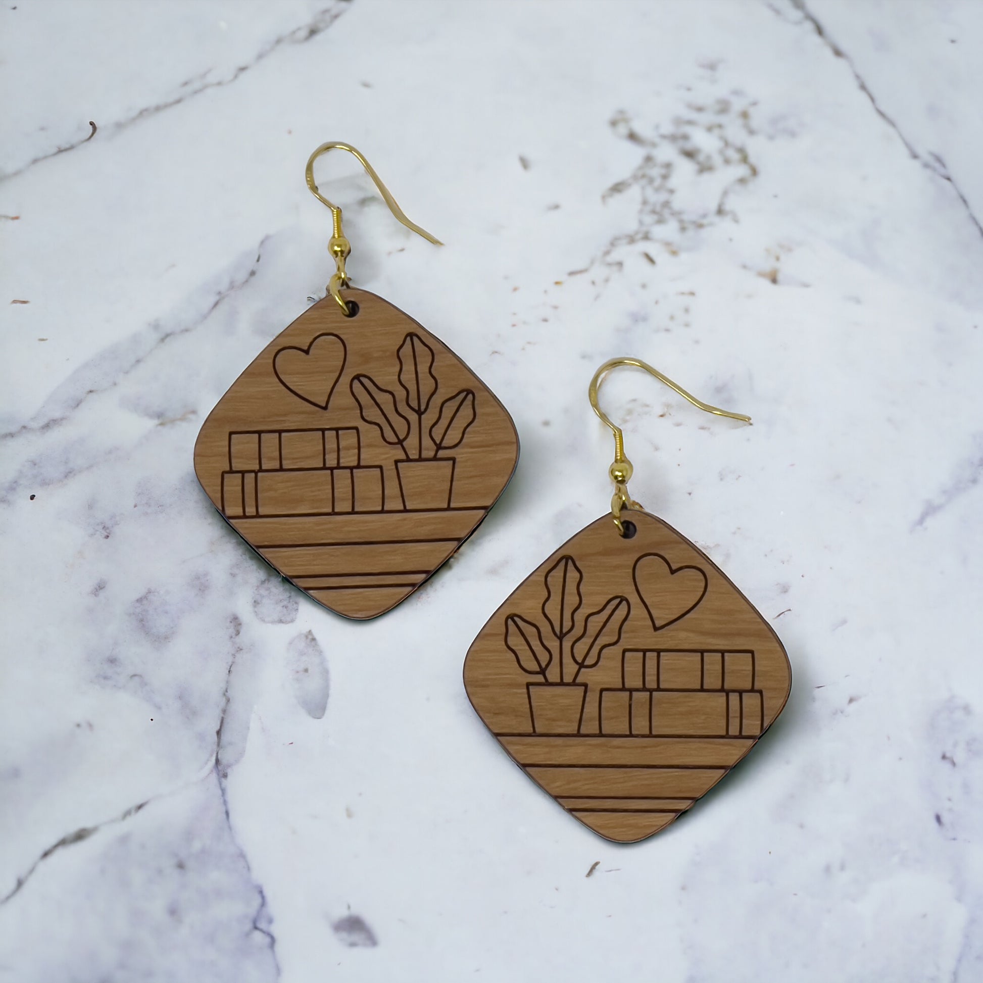 Bookshelf Wood Dangle Earrings - Cute Book Lover Gift | Boho Women's Miniature Bookcase Jewelry