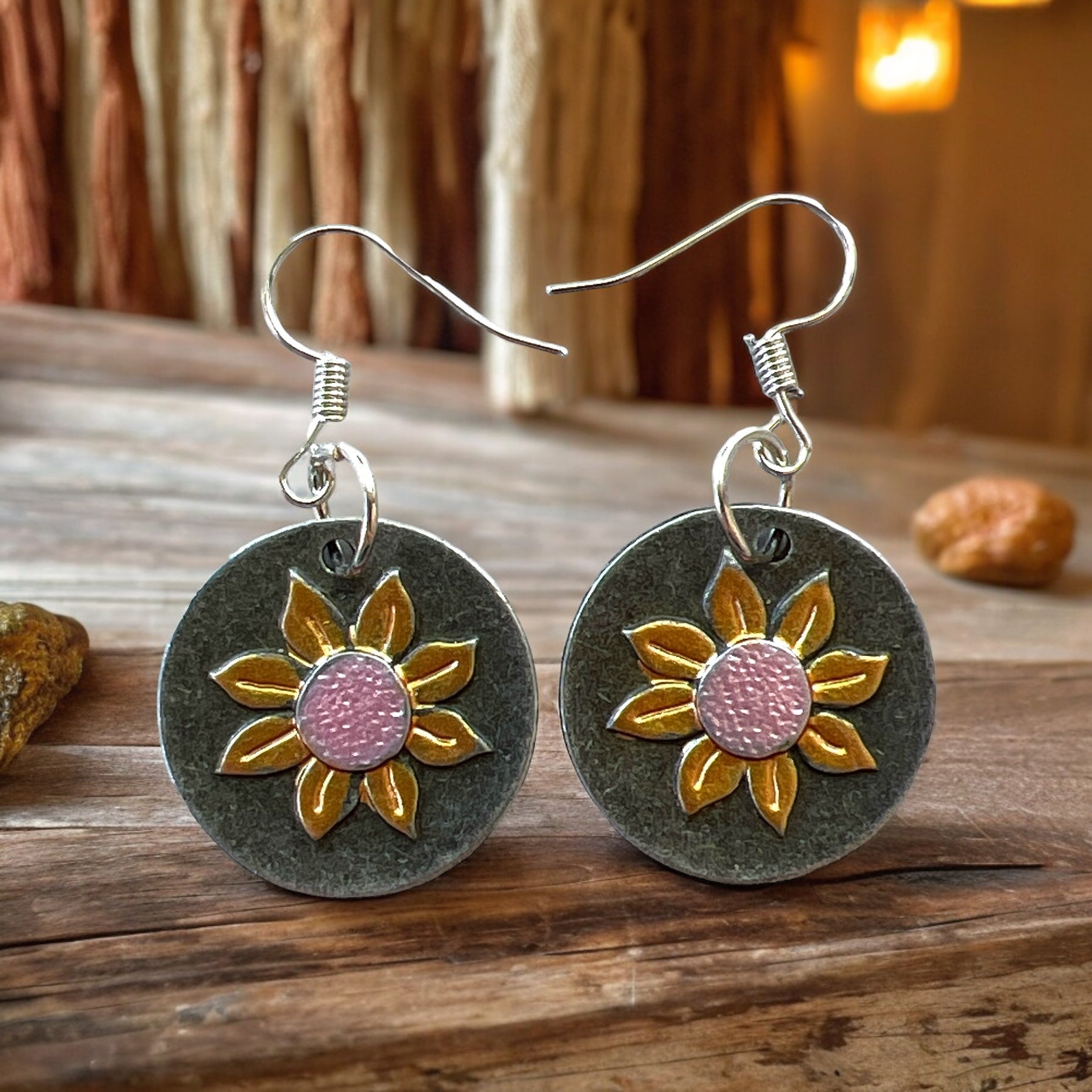 Round Silver Earrings with Sunflowers: Nature-Inspired Accessories