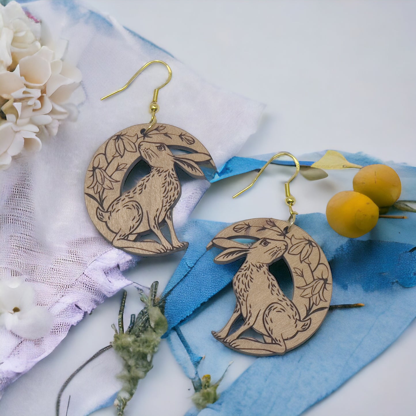 Wood Dangle Bunny & Lily Flower Easter Earrings - Boho Crescent Moon Rabbit Jewelry