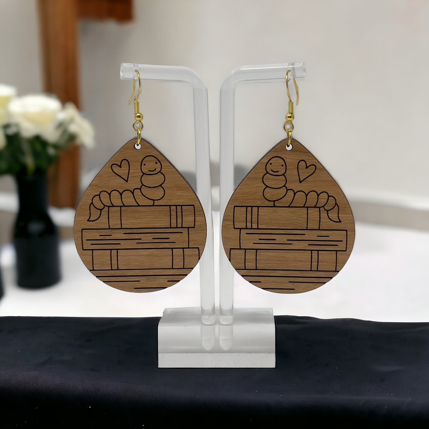 Bookshelf Wood Dangle Earrings - Cute Book Lover Gift | Boho Women's Miniature Bookcase Jewelry