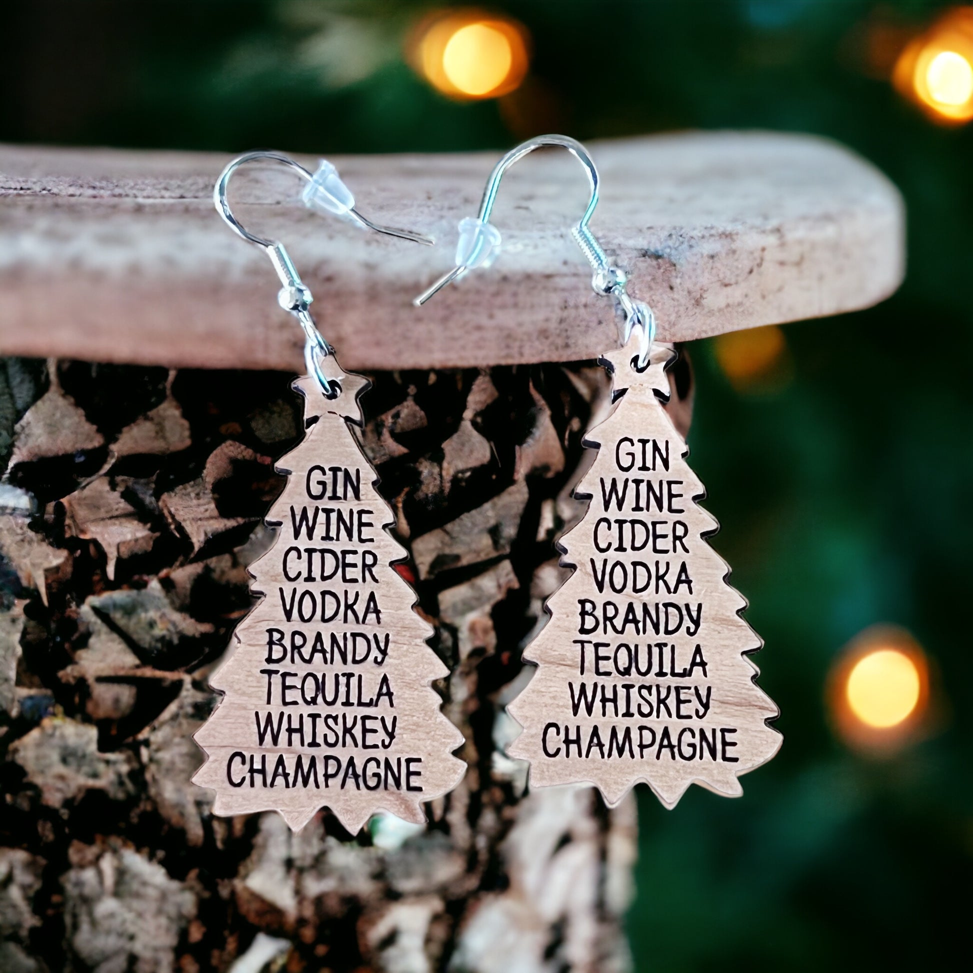 Funny Boozy Christmas Earrings, Christmas Tree Dangle Earring, Cute Fun Holiday Earring, Wood Tree Earring, Country Xmas Booze Wine Jewelry