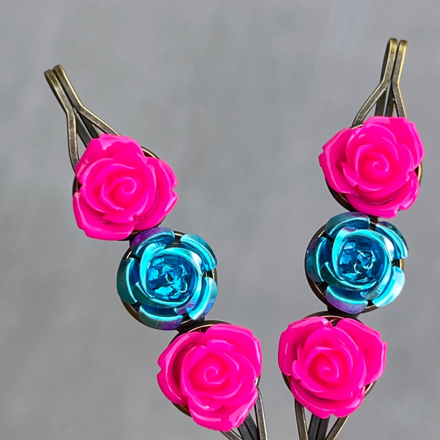 Pink & Blue Rose Floral Hair Pins - Delicate & Romantic Hair Accessories