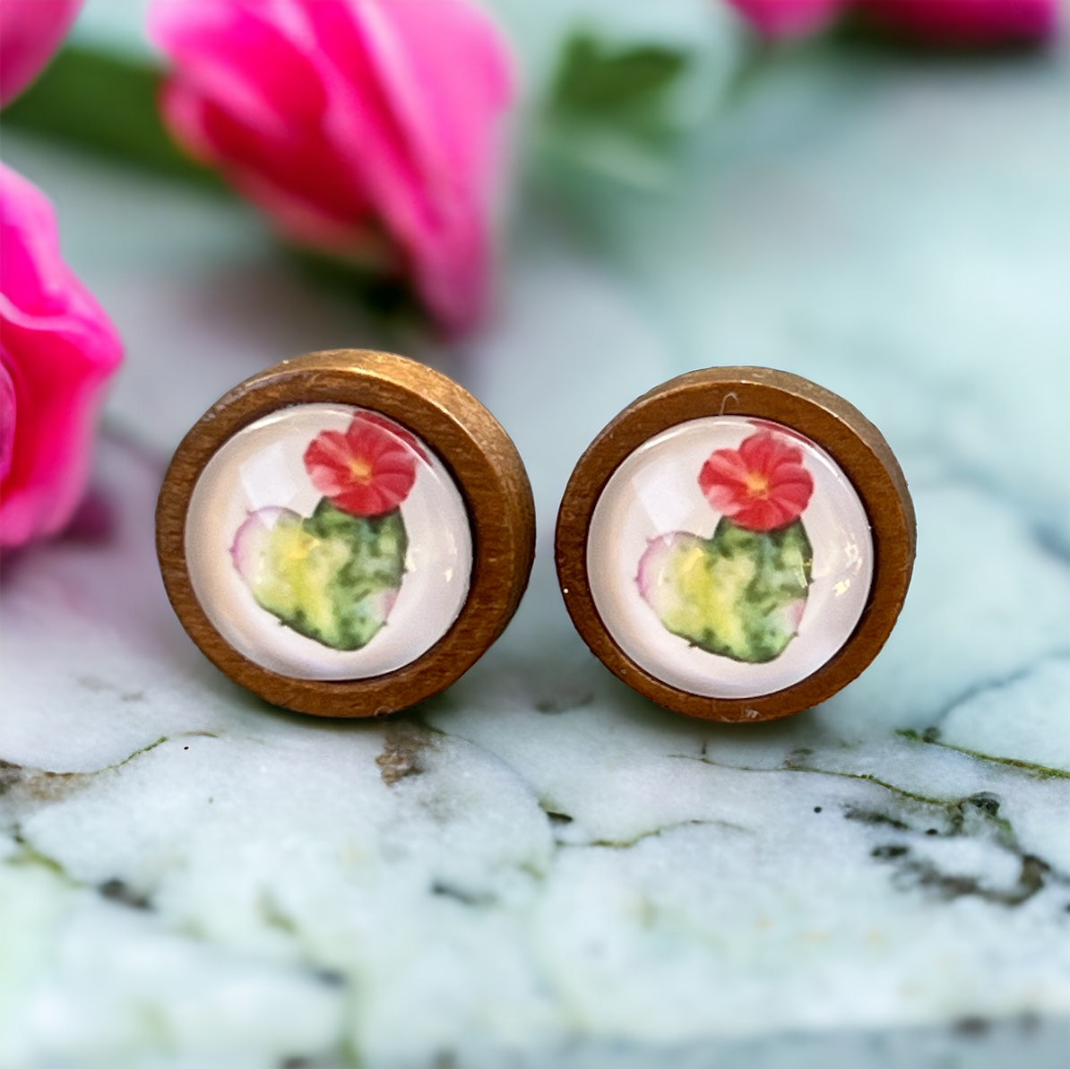 Flowering Cactus Heart Valentine Succulent Wood Stud Earrings